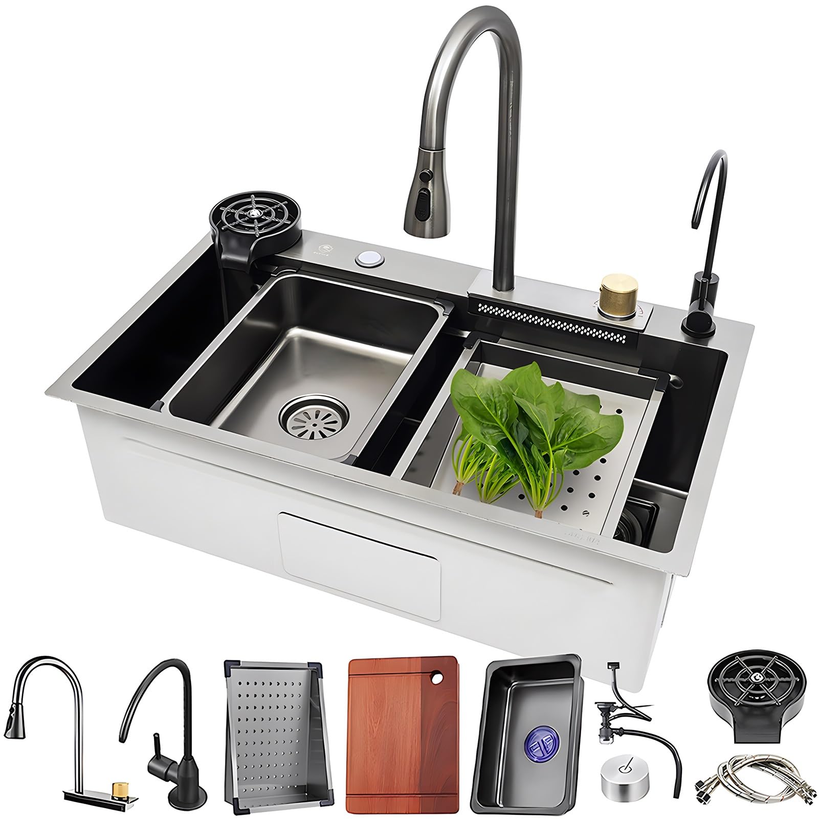 Évier cascade en inox nano avec robinet extractible et rince-verre