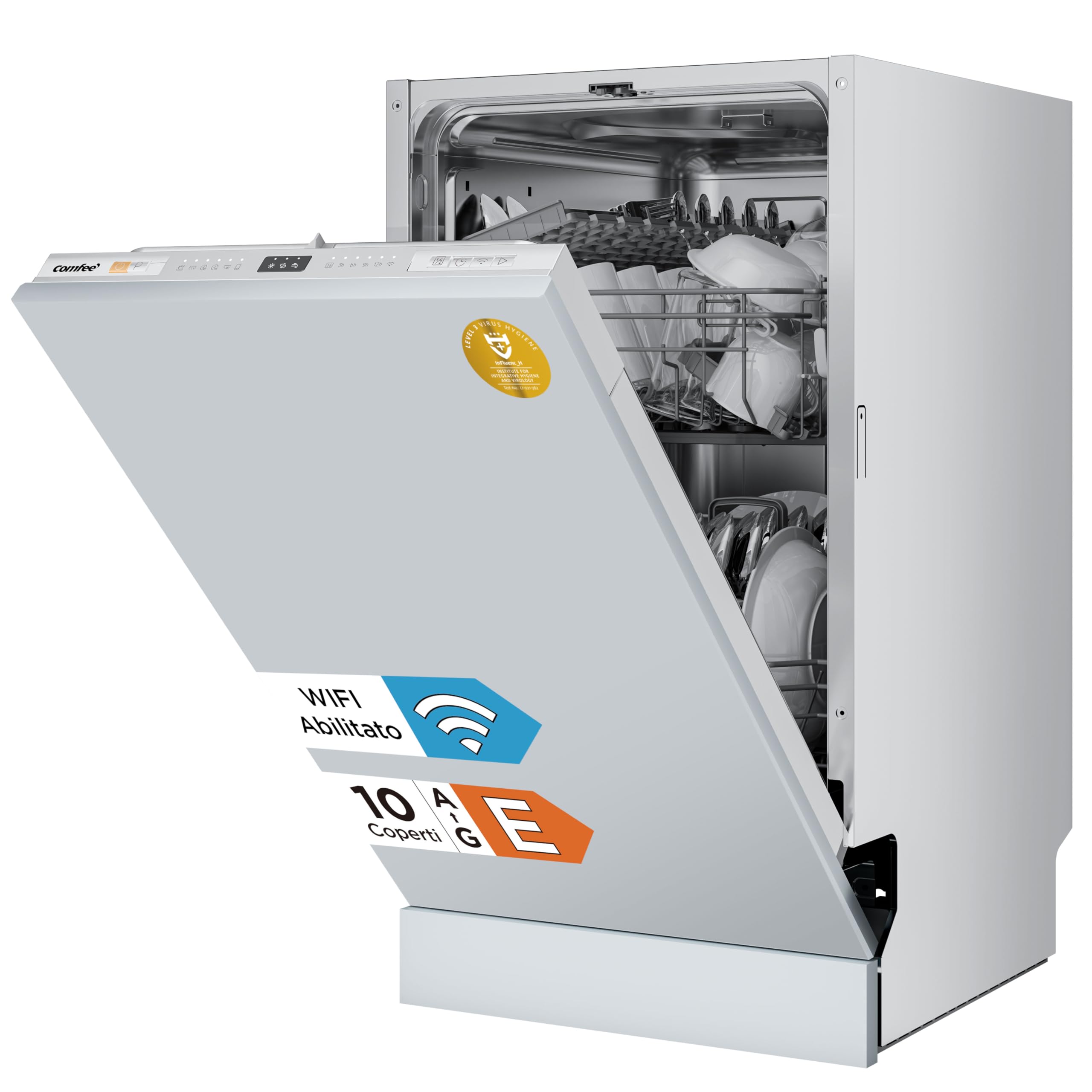COMFEE Lavastoviglie da Incasso 45 cm 10 Coperti 8 Programmi Wifi Inox | 72℃ Hygiene Wash, Cloud Wash, Mezzo Carico, Asciugatura Extra, Sistemi rack flessibili, Avvio Ritardato, WiFi Home Connect