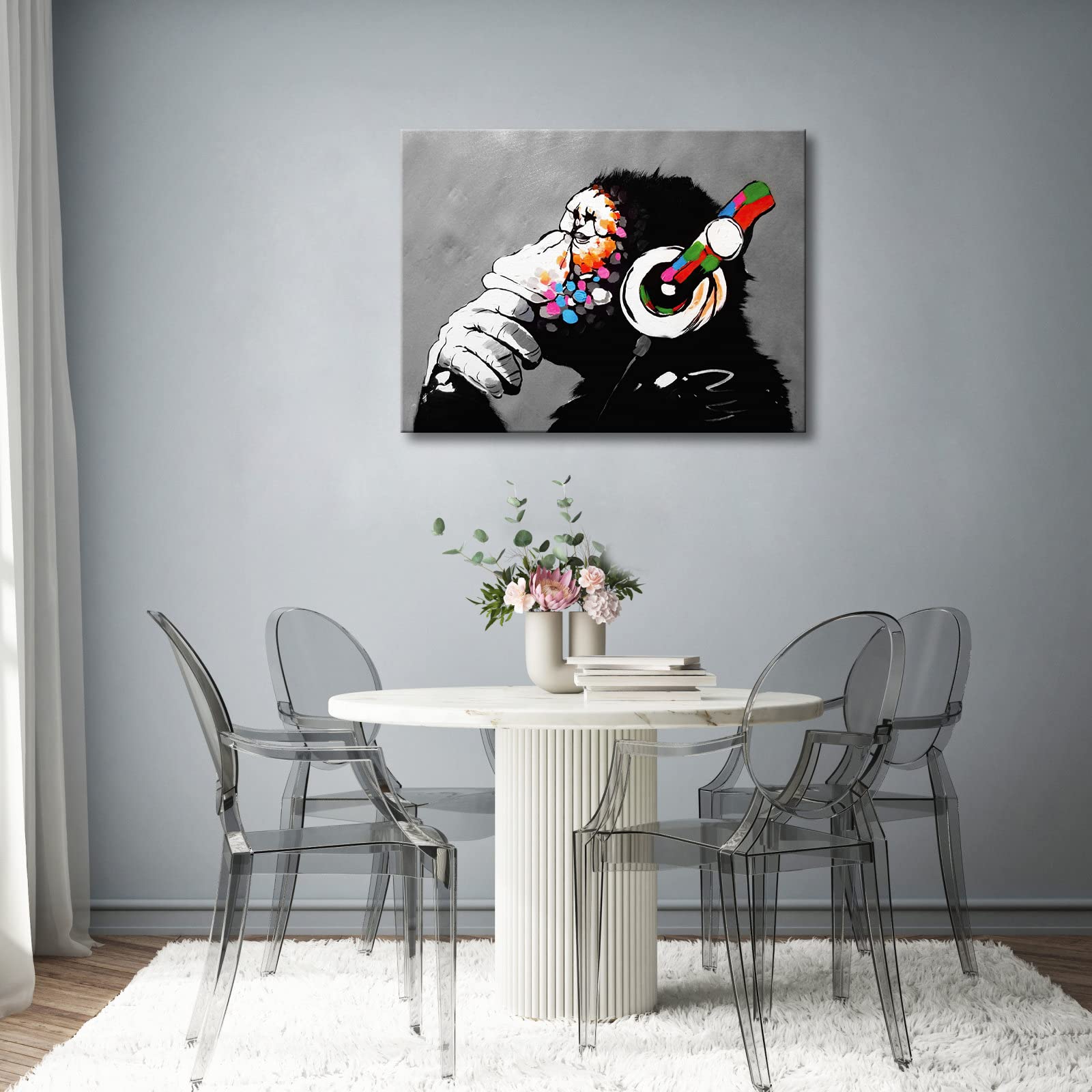 Wieco Art Quadro Con Scimmia E Cuffie - Banksy Style - Cornice Nera 83,8x63,5 Cm