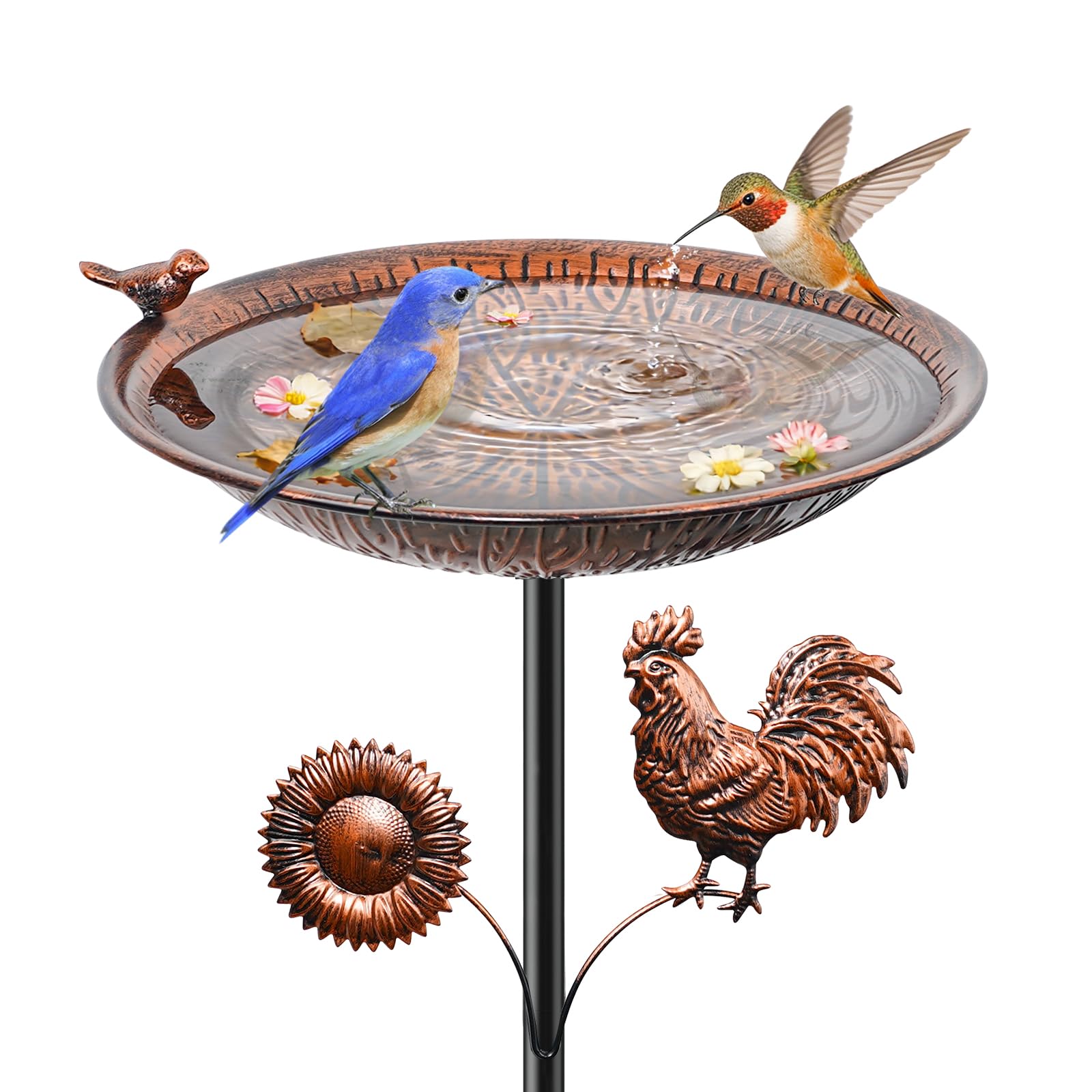 YOADEHOA 38" Metal Bird Bath for Outside, Vintage Garden Birdbath with Bird Statue, Freestanding Bird Bath Freeder with Sturdy 5 Prongs Base for Outdoors Patio Yard Lawn Decor(Vintage Brown)
