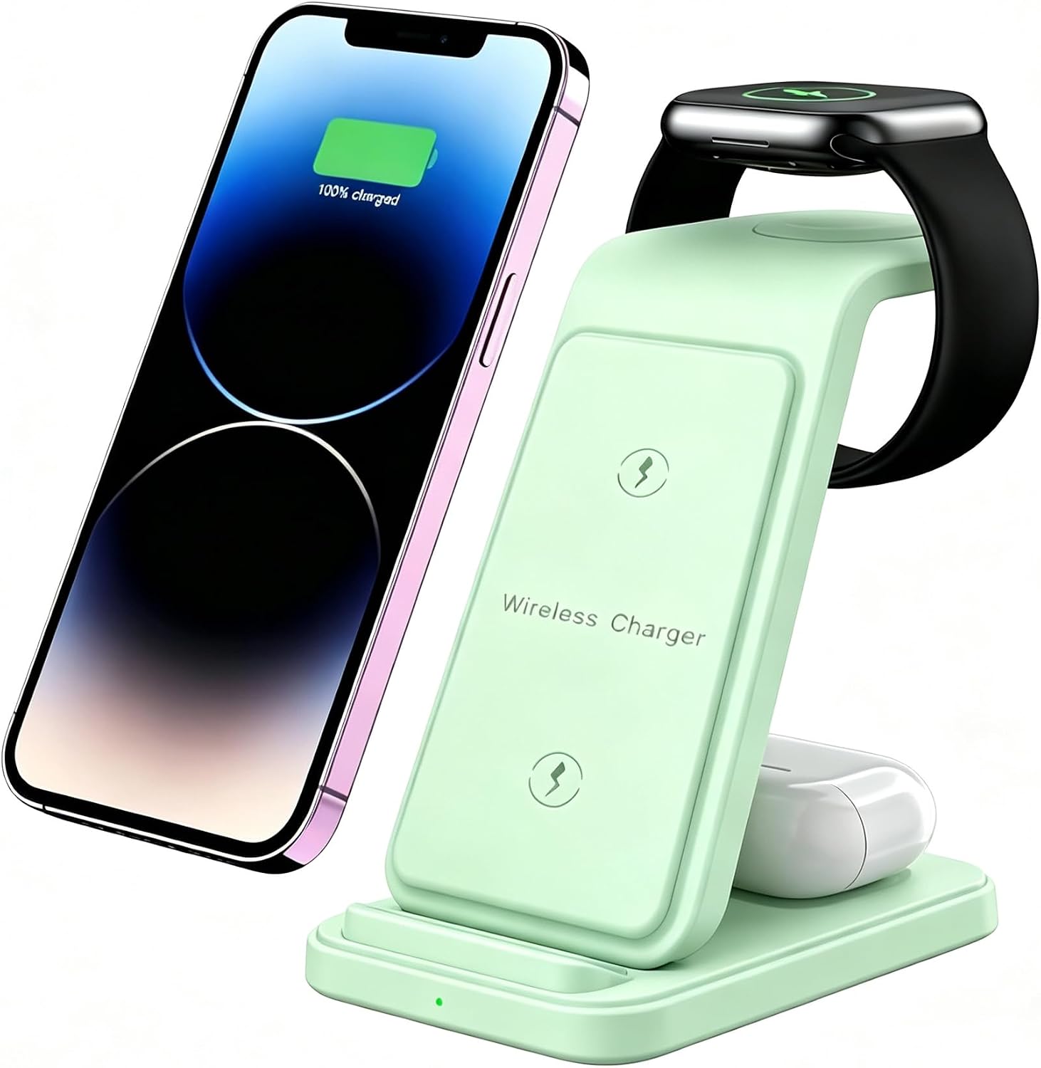 3 in 1 Wireless Charging Station for Multiple Devices, Fast Wireless Charger for iPhone 17/16/15/14/13/12/Pro/Max/Plus/Air,Charger Stand for iWatch Ultra/11/10/9 Light Green