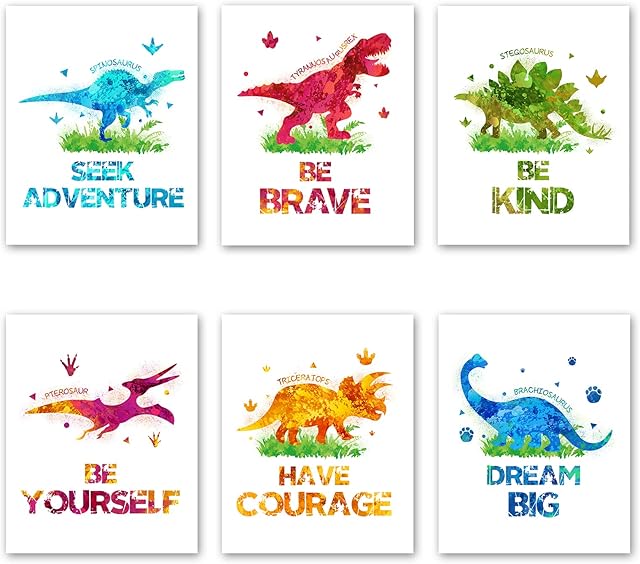 WERNNSAI Dinosaur Prints Set - Motivational Watercolor Art Prints Set of 6 for Boys Kids Dino Theme Poster Unframed Pictures 20 x 25 CM Wall Decor for Nursery Bedroom Playroom