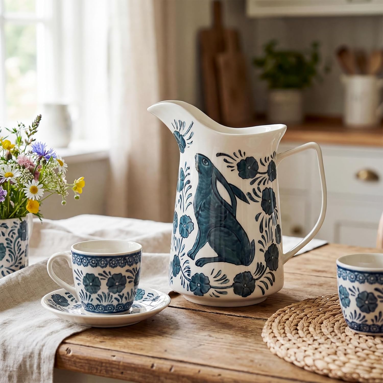 Teenyyou Stoneware Pitcher with Painted Rabbit and Florals - Blue and Cream Ceramic Pitcher with Handle Decorative Vase for Easter Living Room, Table Centerpiece, Kitchen & Home Decoration