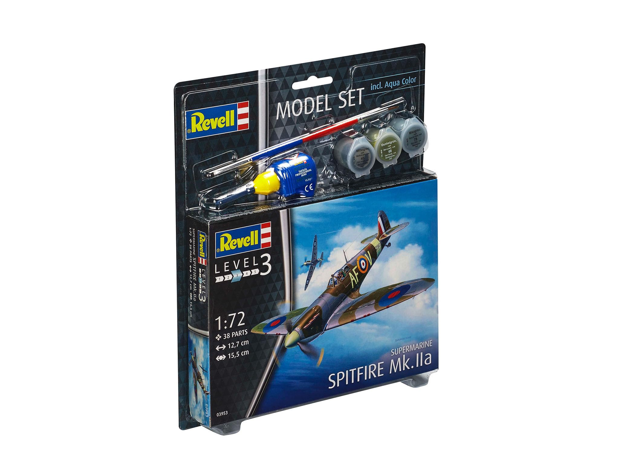 Revell Model Set 63953 Spitfire Mk.IIa 1:72 Scale Unbuilt/Unpainted Plastic Model Kit with Contacta Professional Glue, Paintbrush & Selected Aqua Color Paints