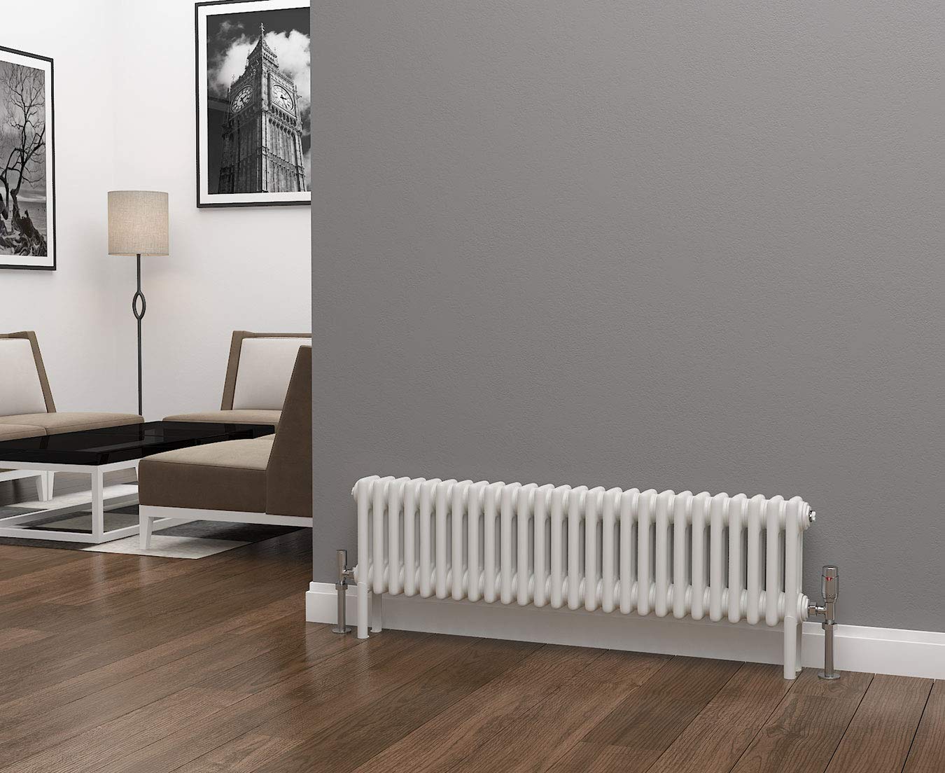 Eastgate Lazarus Steel White Horizontal 3 Column Radiator 300mm x 1177mm - Dual Fuel - Thermostatic