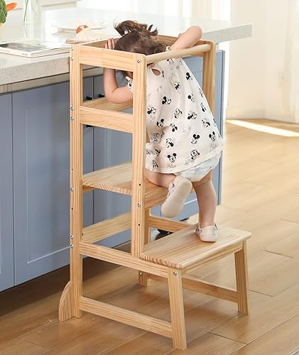 Miniatura 2 de Taburete de cocina para niños pequeños, torre de pie con rieles de seguridad (nogal)