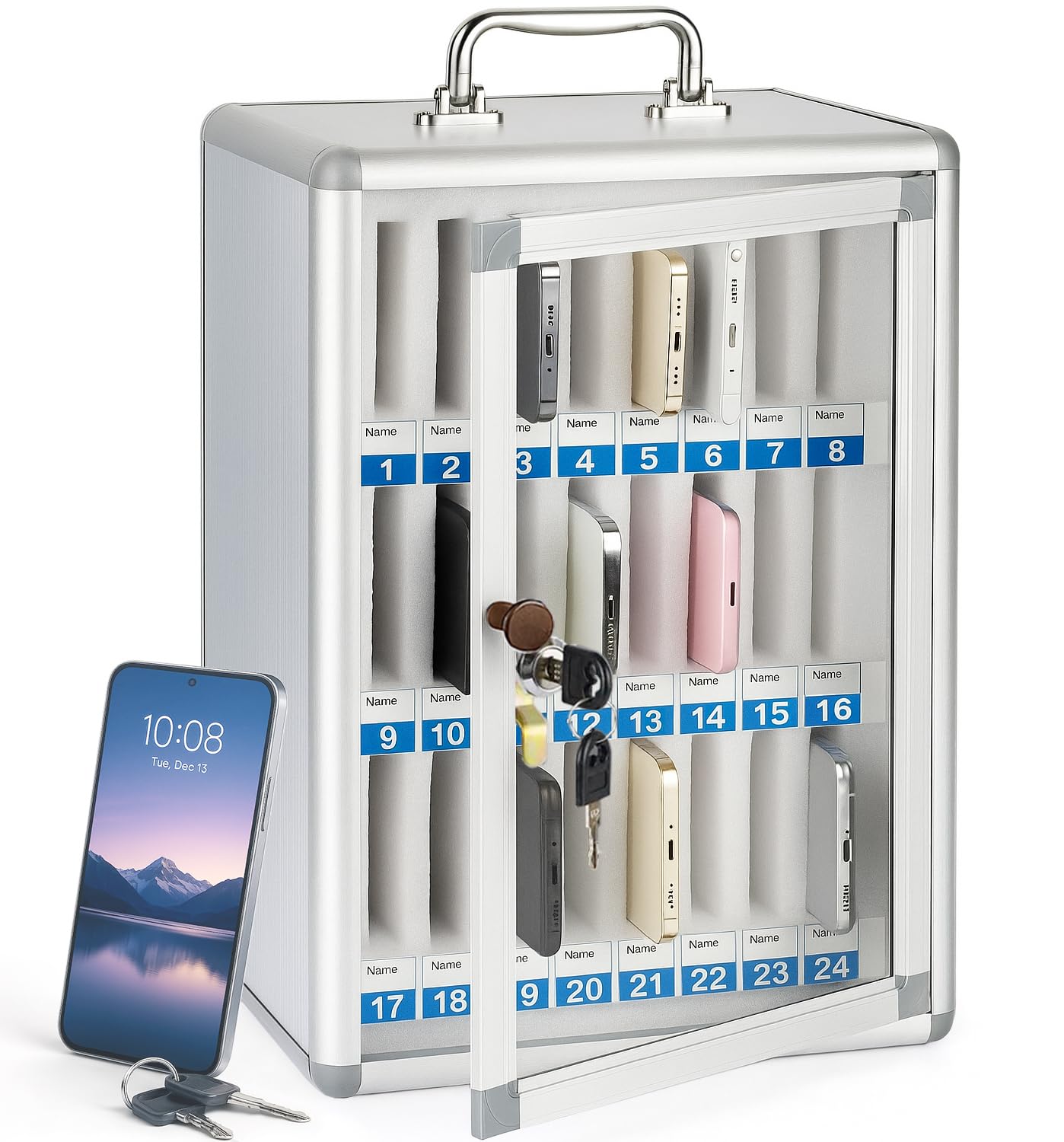 Szafka na Telefony Komórkowe z Aluminium, Montowana na Ścianie, Szafka na Telefony do Klasy, Szkoły, Biura, Egzaminu, Biblioteki, Siłowni z Uchwytami i Zamkiem Bezpieczeństwa (Srebrny, 24 slotów)