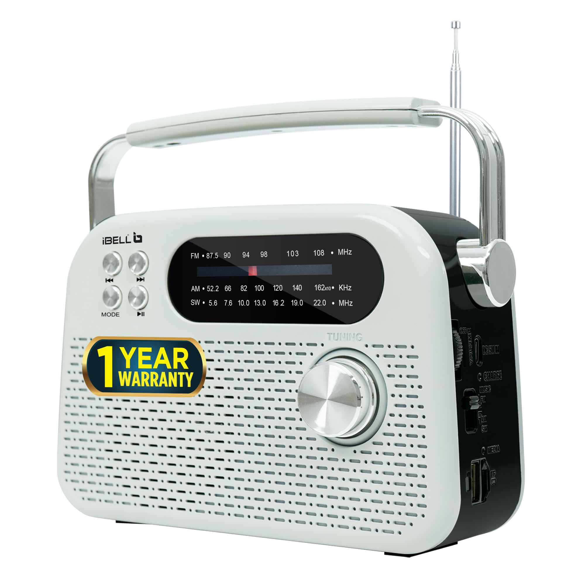 iBELL FM730BT Portable FM Radio with Bluetooth Speaker, USB & SD Card MP3 Player, Headphone Jack, Dynamic Sound, 3-Band Tuning, Rechargeable Battery with Type-C Charging Port (White)