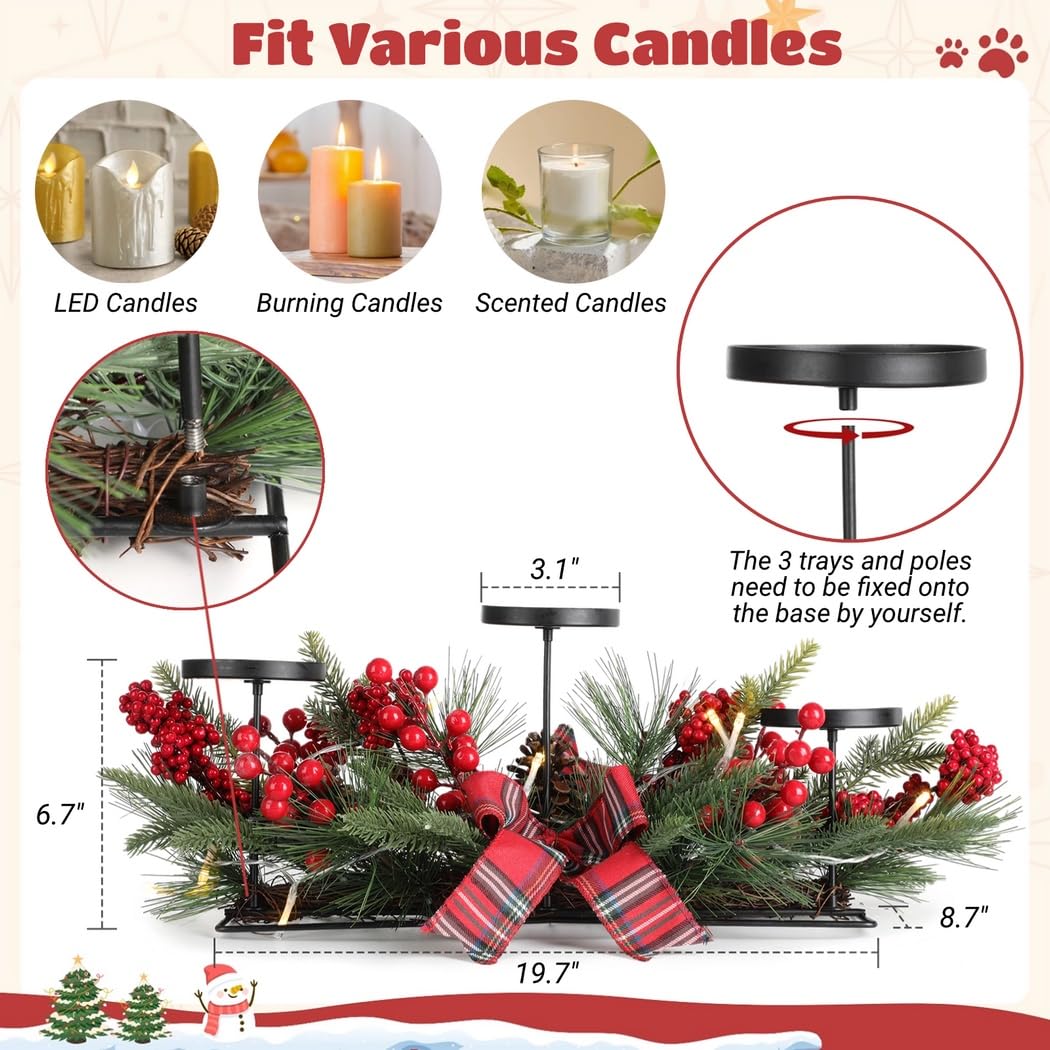 Portavelas de Navidad con cuerda de luz blanca cálida, 8 centros de mesa de panal, portavelas 3 en 1 con bayas rojas y lazos de cinta, decoraciones de Navidad de Papá Noel para el hogar
