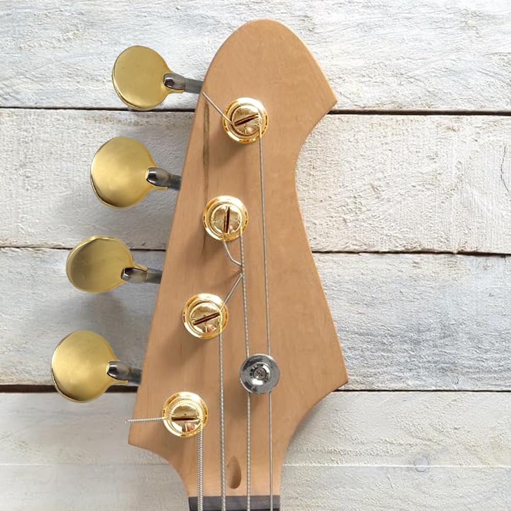 4-strunowe maszyny do strojenia basu (zestaw 4 szt.) Open Gear Tuning Key Pegs Machine Head zamiennik do gitary elektrycznej, basu lub instrumentów precyzyjnych, złota stal (okrągła)