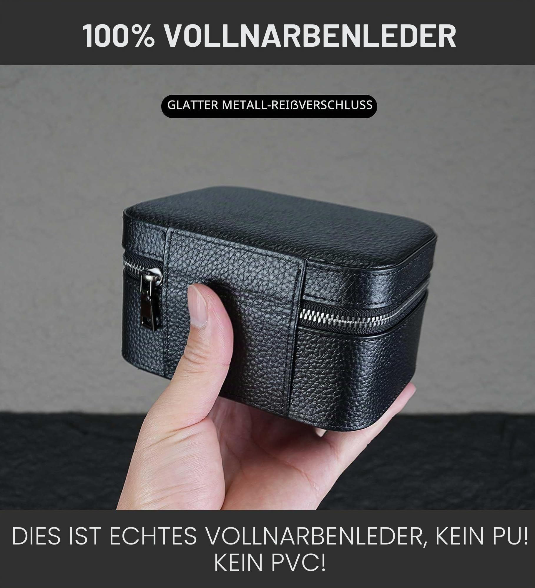 2 Uhren-Reiseetui für Männer und Frauen, echtes Top-Grain-Leder mit Wildleder zum Schutz Reißverschluss passend für alle Uhren bis zu 60mm (2W-Z-BBL)