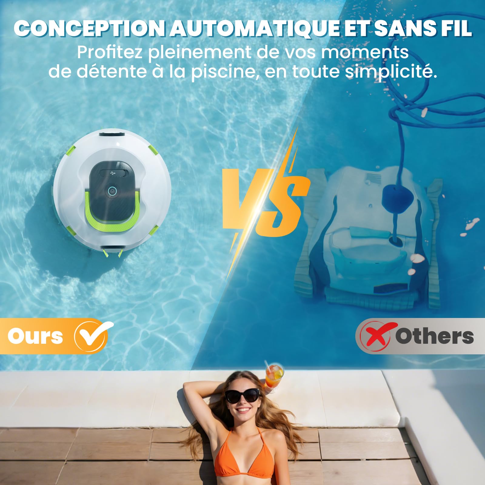 Robot Nettoyeur de Piscine sans Fil | Aspirateur de Piscine Automatique, 120 Min d'autonomie, Auto-Stationnement & Ultra Léger | Robot pour Piscine Hors-Sol ou Enterrée à Fond Plat jusqu'à 110 m²(BL)