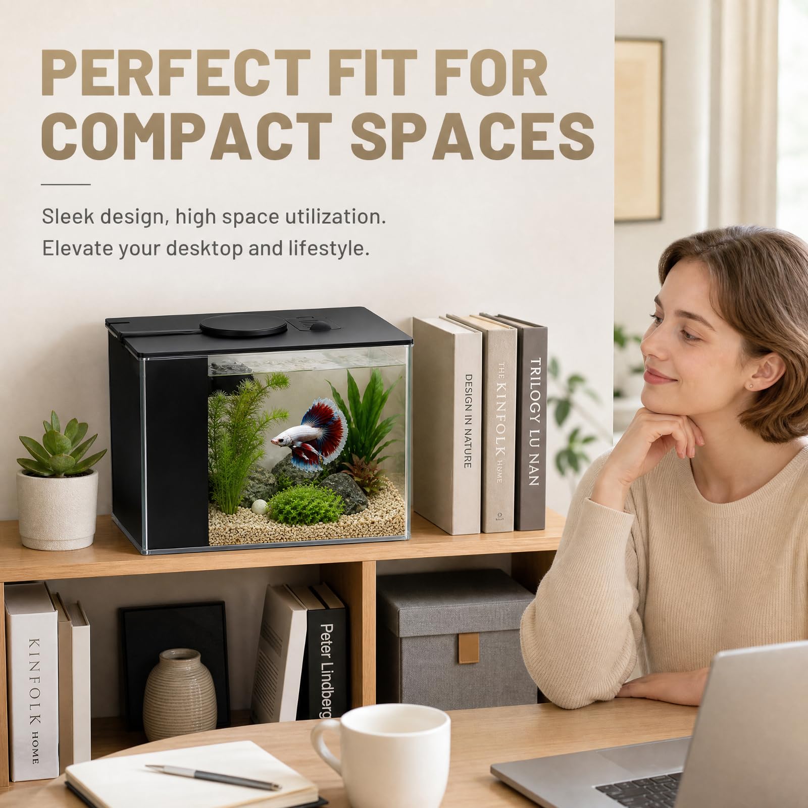 Petit Aquarium Complet, Mini Aquarium Plastique, avec Pompe de Filtration et Éclairage LED Réglable, Aquarium à Circulation Automatique, pour Petits Poissons, Crevettes et Plantes Aquatiques (Black)