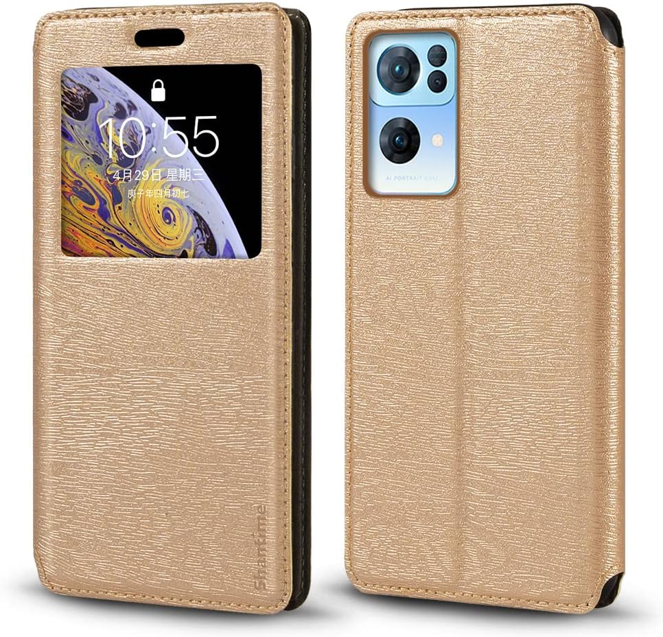 Viewable Window Leather Flip Case Compatible with OPPO Reno 7 Pro 5G, Elegant Design Clear Display Invisible Magnetic Cover and Card Slot(Gold)