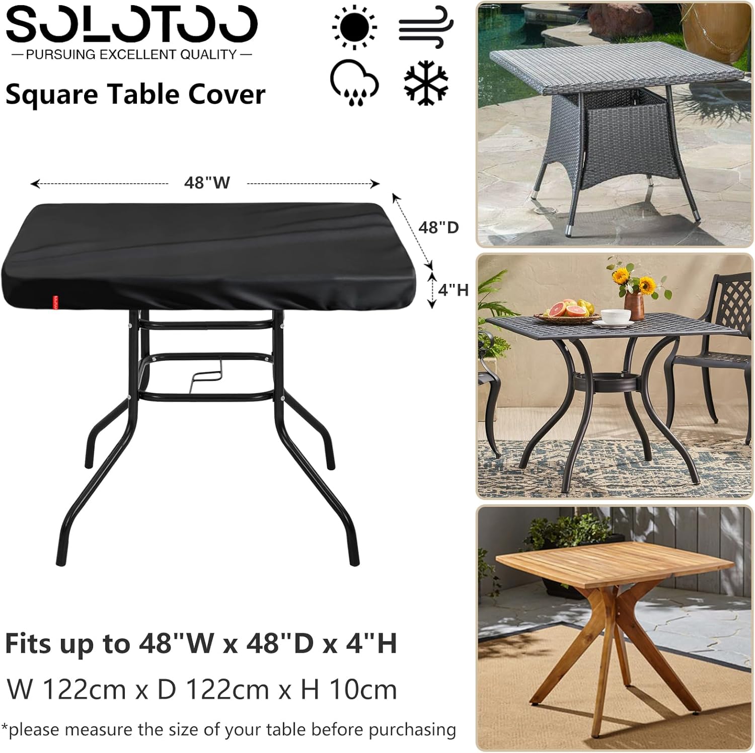 Outdoor Square Table Cover Waterproof UV-Resistant for 48 x 48 Inch Patio Tables - Heavy Duty Weatherproof Table Top Protector with Elastic Hem (Black)