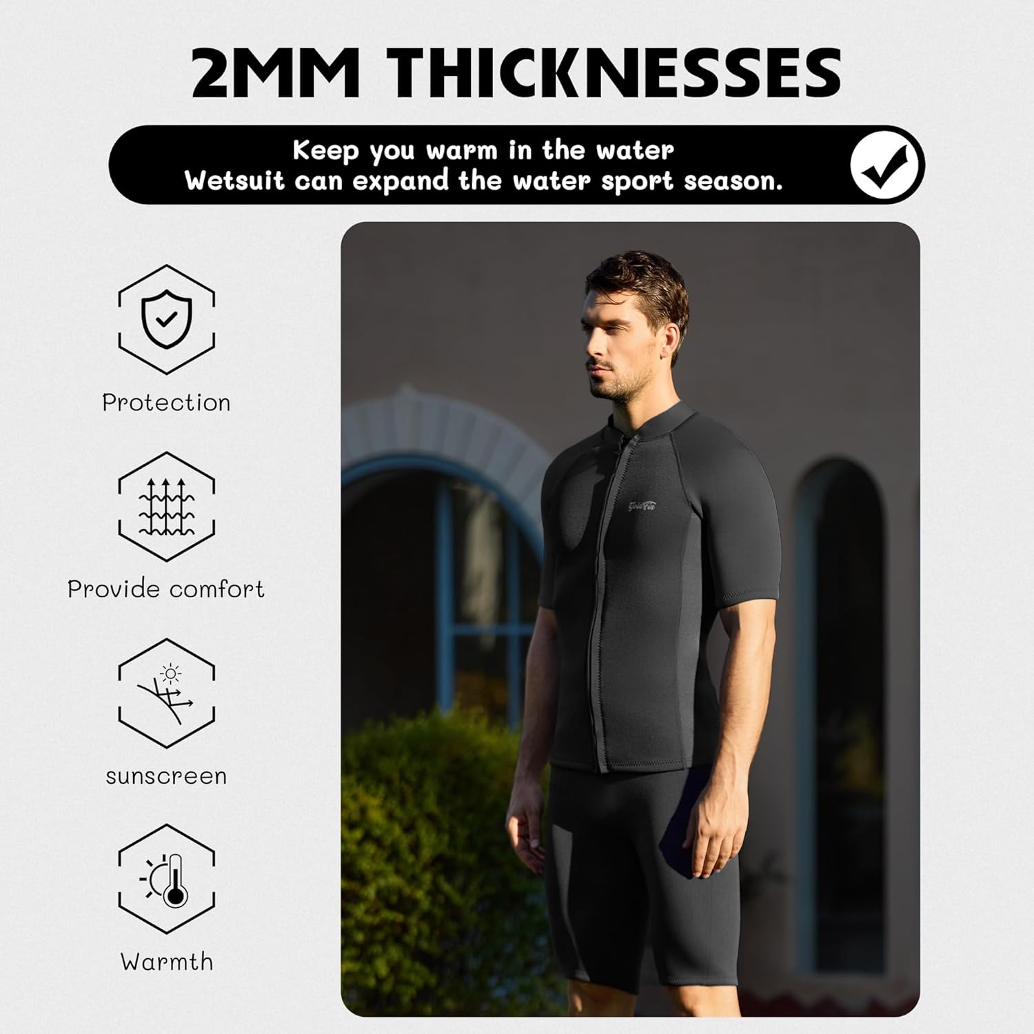 GoldFin Men Wetsuit Top, Mens Short Sleeve Wet Suit Neoprene Jacket 2mm Front Zipper Wetsuits Shirt Cold Water Swim Scuba Diving Surfing Snorkeling - Image 2