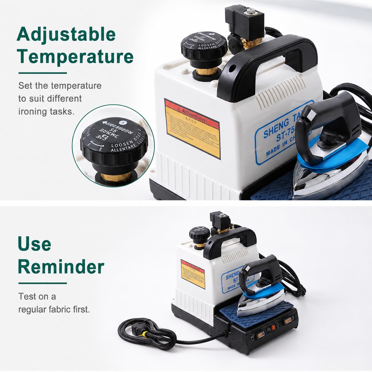Industrielle Dampfbügeleisen-Kesselstation, 1600 W, 2 l Wassertank | Bis zu 3,5 kg Dampfdruck, 150 °C Dampf, Trocken-/Dampfmodi und Sicherheitskontrollen für kommerzielles Bügeln.