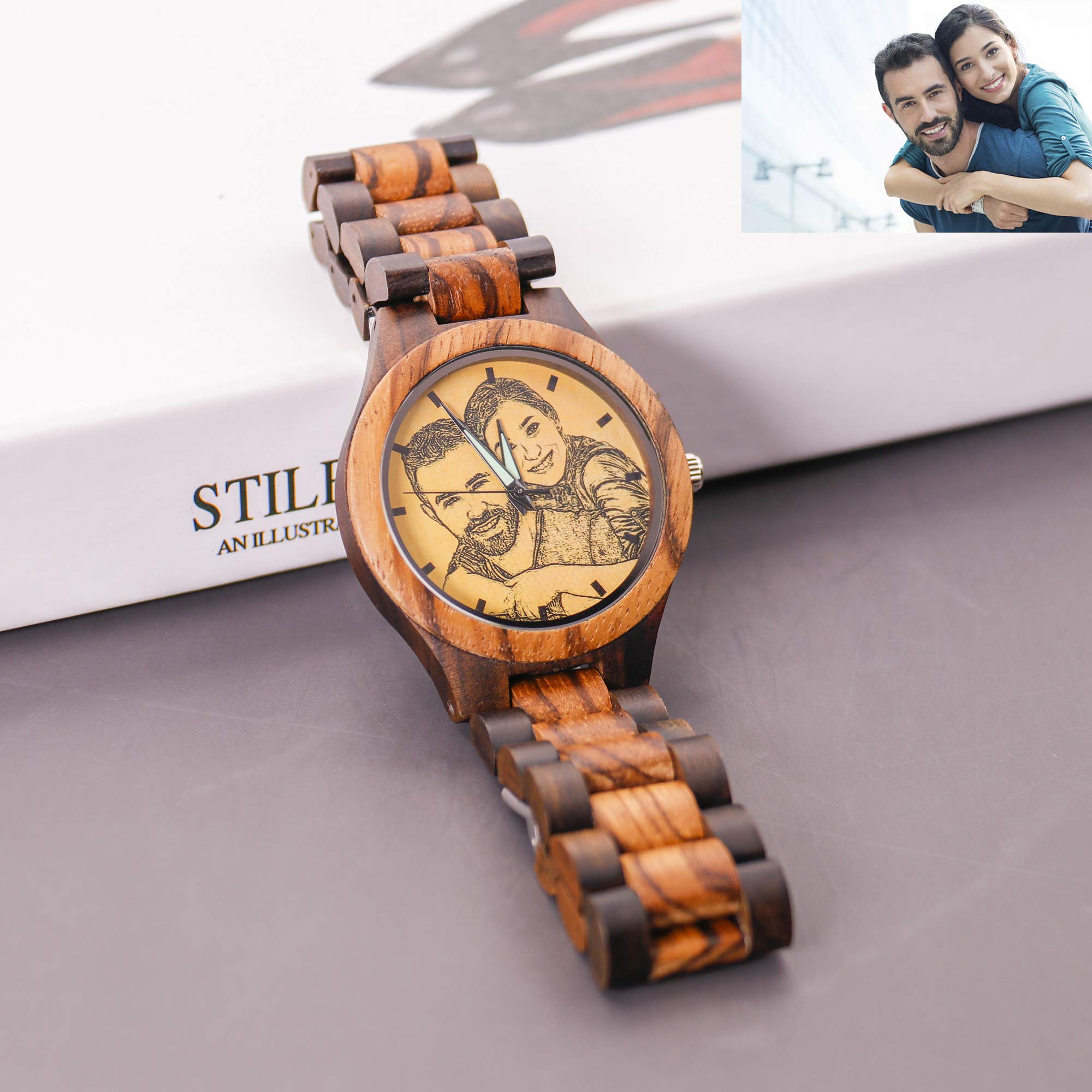 Montre en Bois pour Homme avec Photo Montre Photo De Père Personnalisée avec Texte Montre De Poche Personnalisée avec Cadre Photo Cadeau De Photo De Fête des Pères pour Papa Mari