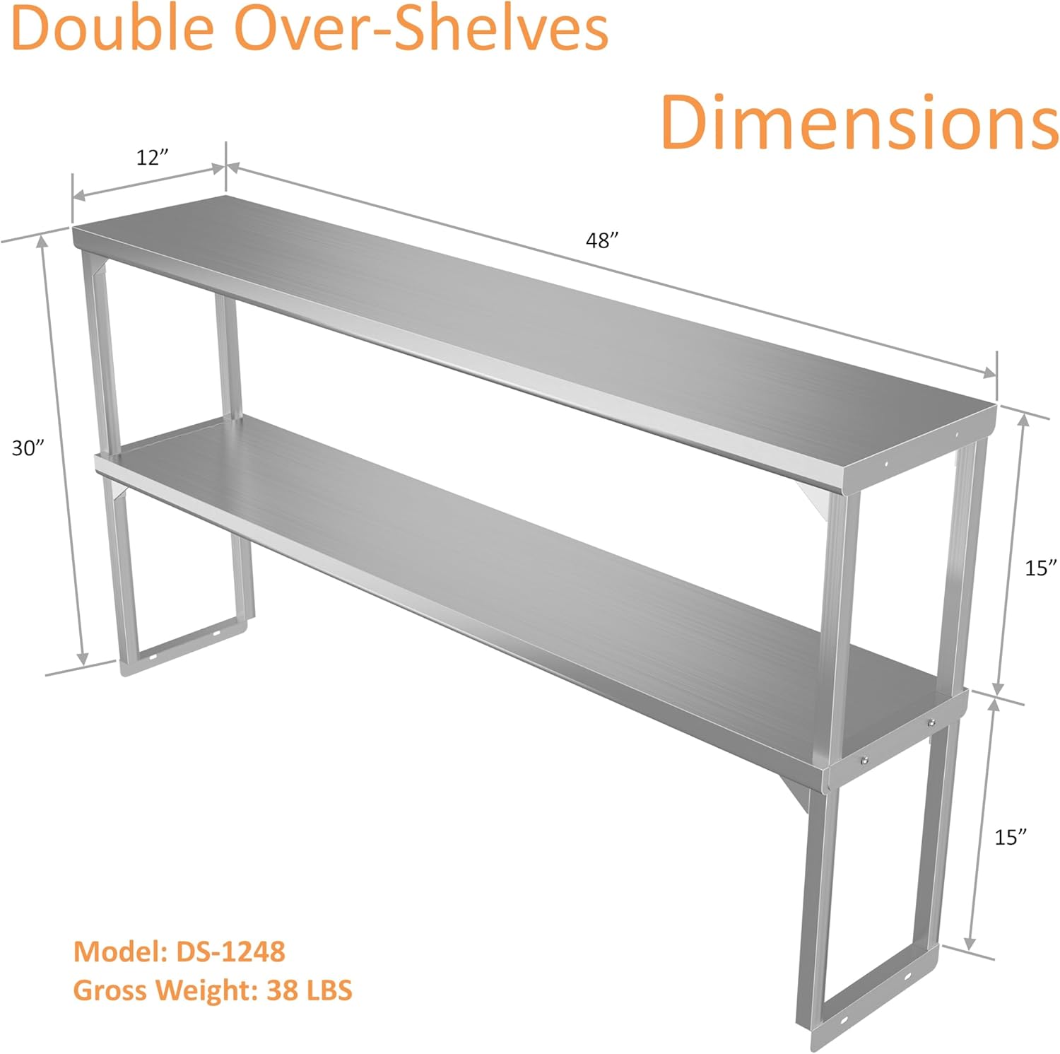GSW DS-1248 Commercial Stainless Steel Standard Double Tier Over-Shelves for Prep & Work Table, Cold Table, Restaurant Kitchen, 12" x 48" x 30"