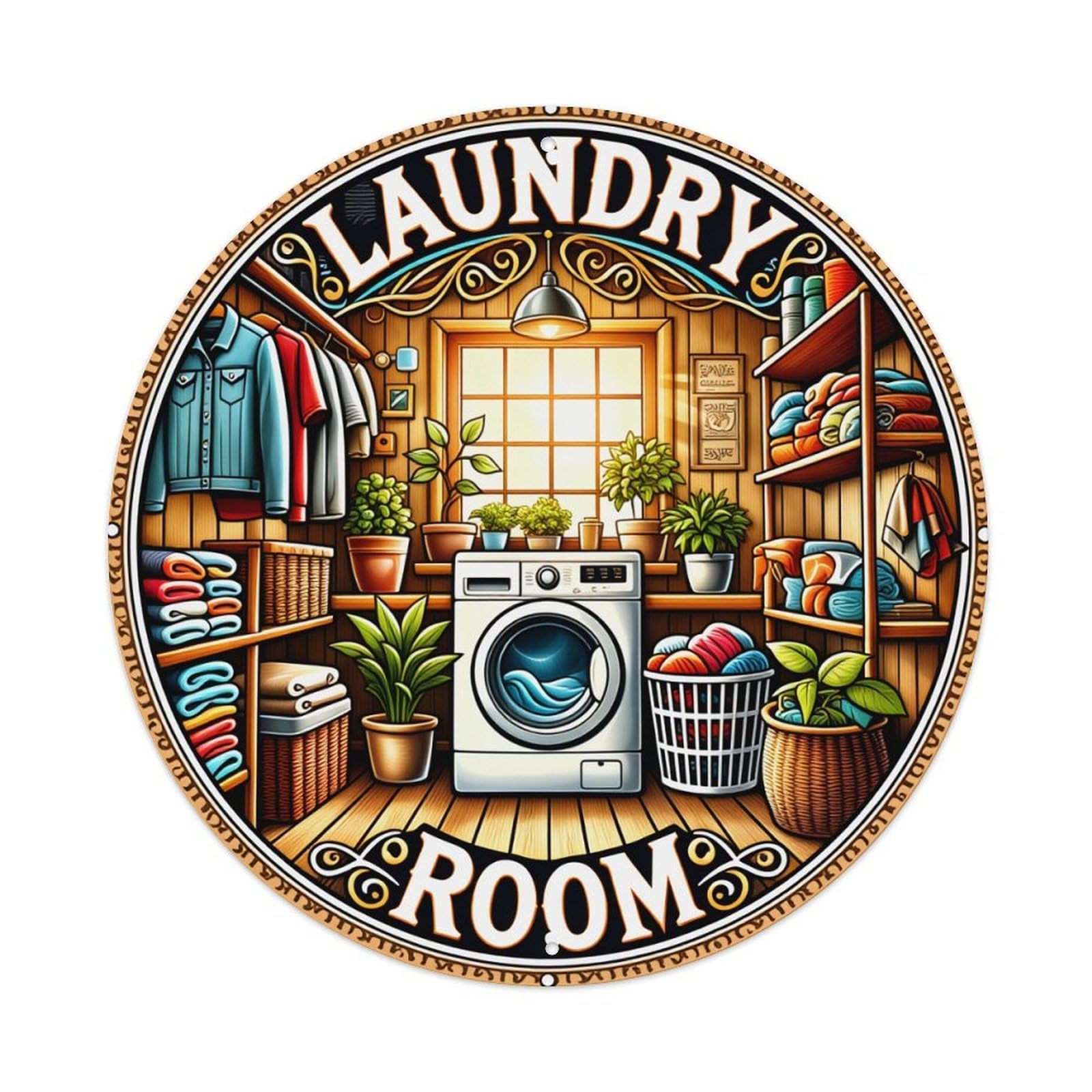 Laundry Room Scene With Plants And Clothes Round Tin Sign Vintage Metal Poster, Home Bar Garage Man Cave Cafe Indoor & Outdoor Wall Decoration 8x8Inches