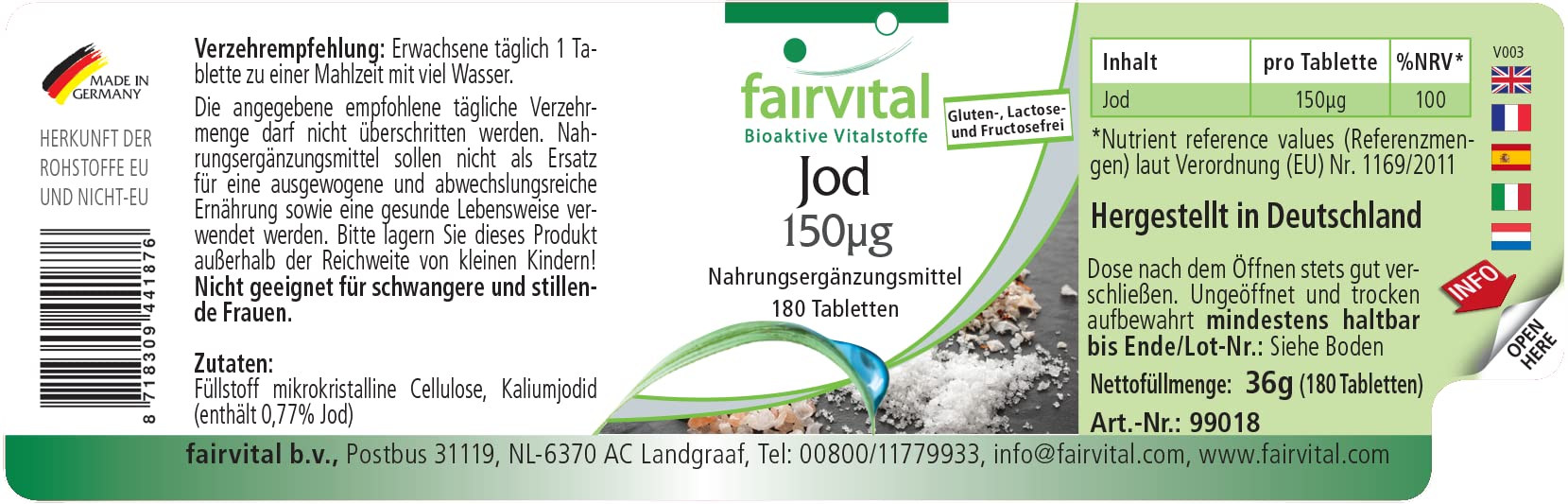 fairvital Compresse di iodio, 180 compresse, facili da deglutire, ALTO DOSAGGIO con 150 µg di iodio per compressa, a base di ioduro di potassio, VEGANE