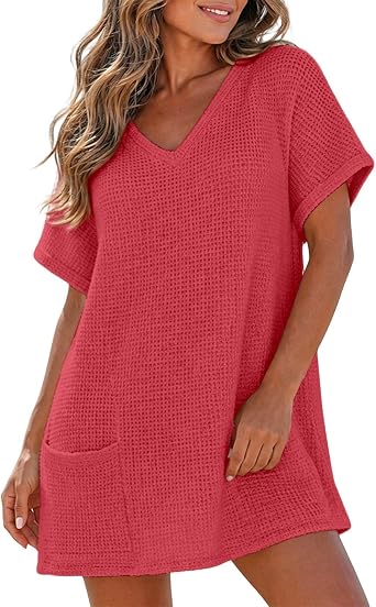 Long Cover Ups for Swimwear Women Crochet V Neck Short Sleeve Mesh Knit Hollow Out Pullover 2026 Beach Summer Dress