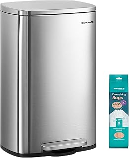 SONGMICS 13 Gallon (50 L) Trash Can, Stainless Steel Kitchen Garbage Can, Recycling or Waste Bin, Soft Close, Step-On Pedal, Removable Inner Bucket, Silver ULTB050E01