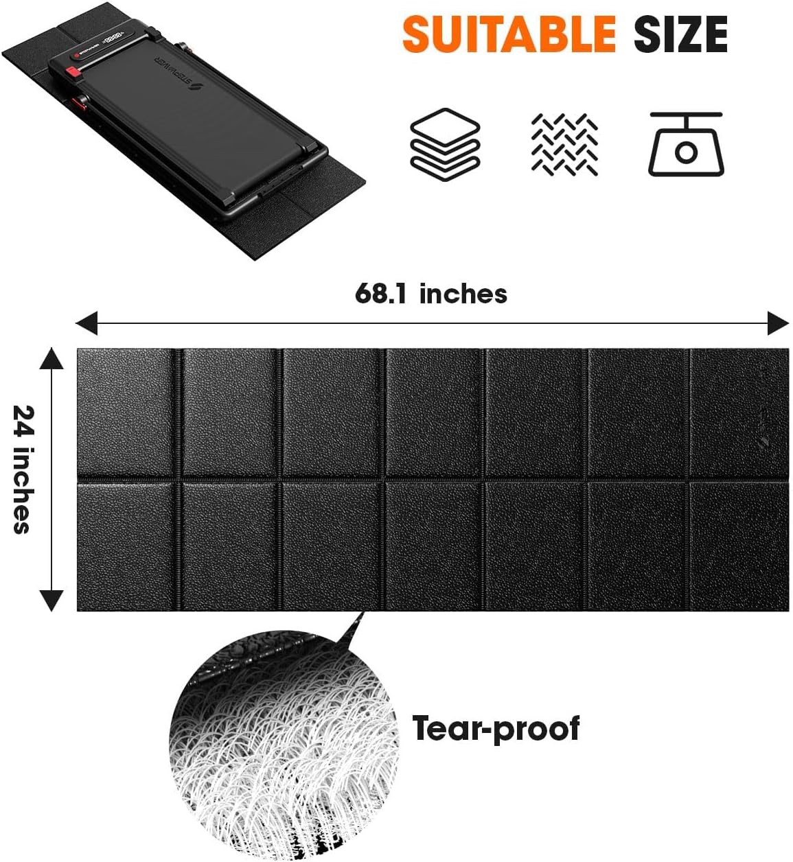 Stepwaver Walking Pad Mat for Carpet Floor, 68"x24", Treamill Mat for Hardwood Floors, High Density, 1/5 Thickness, Folable, Floor Protection for Bike, Elliptical, Treadmill