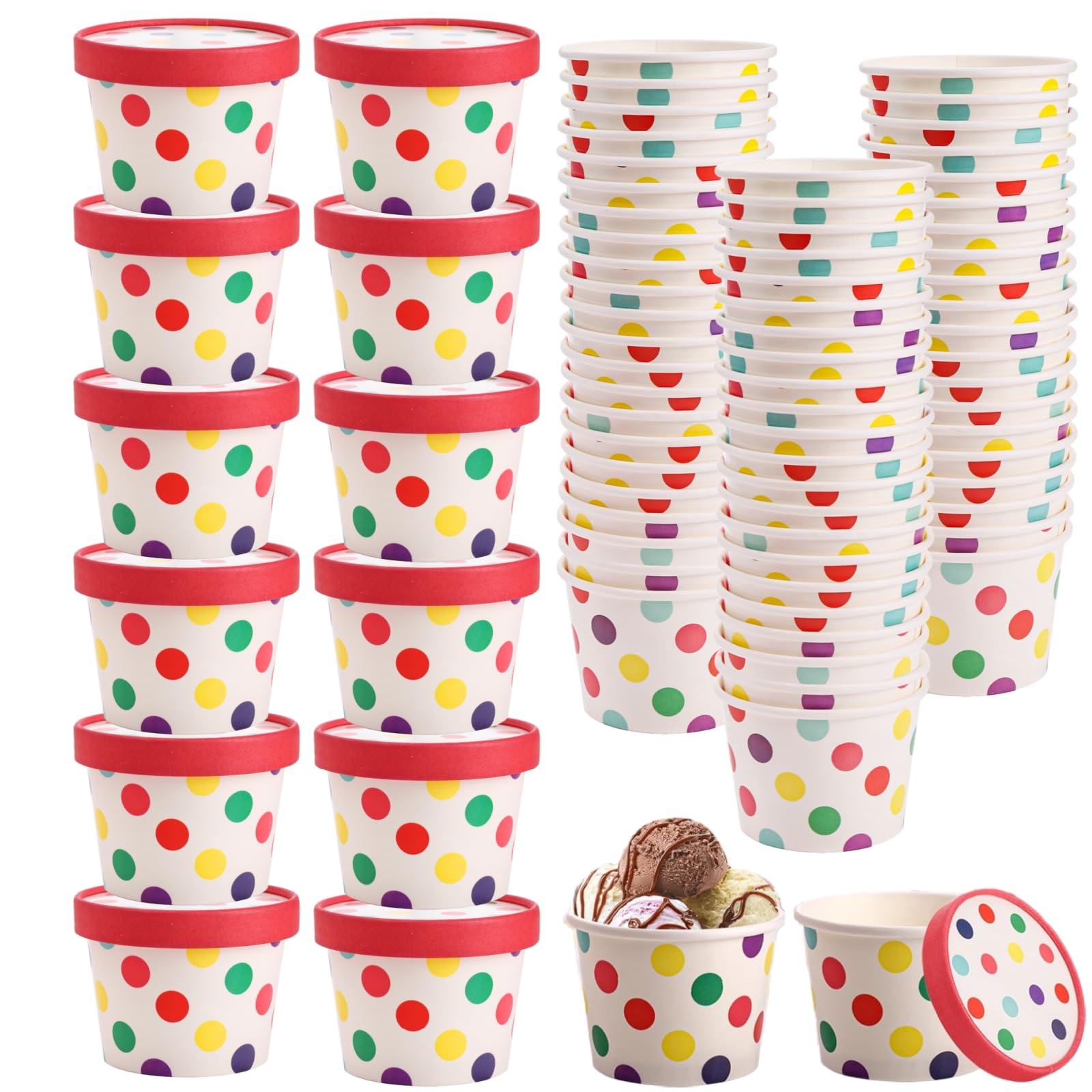 Dicunoy Paquete de 60 vasos de papel para helado de 8 onzas con tapas, cuencos desechables para postre de Sundae, recipientes de yogur congelado, suministros de fiesta para alimentos fríos y calientes