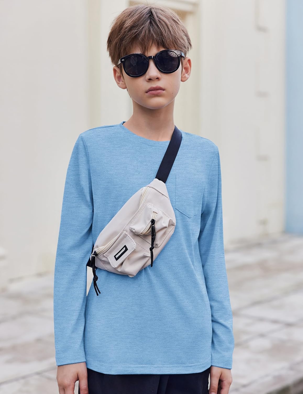 Arshiner Boys Long Sleeve Shirts Casual Crewneck T Shirt Solid Tees Tops with Chest Pocket for Kids 5-12 Years - Image 3