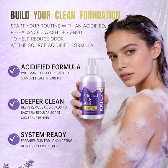 Whole Body Deodorant for Women - Acidified pH Balancing Odor Control Kit, Aluminum Free 24 Hour Odor Protection for Intimate Areas, Underarms & Body, Zinc Deodorant Stick, Body Wash & Wipes - Lavender