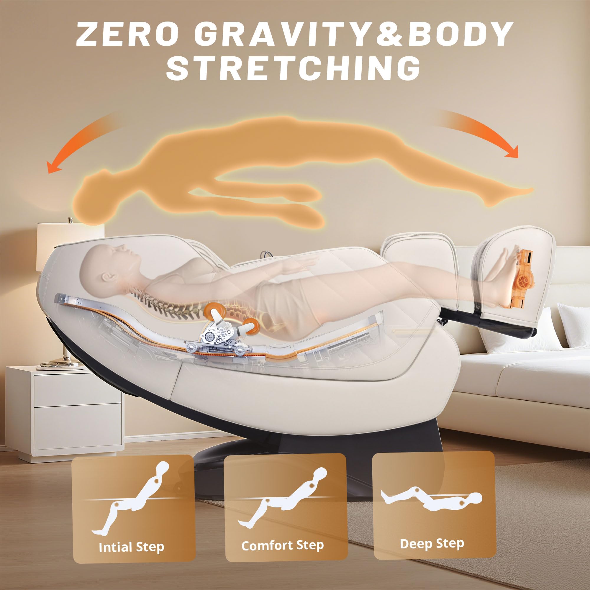 HealthRelife Massagesessel für den ganzen Körper Intelligenter Massagestuhl Zero Gravity 3D-Robotische Hände mit SL-Schiene Relaxsessel Bluetooth-Lautsprecher Beige