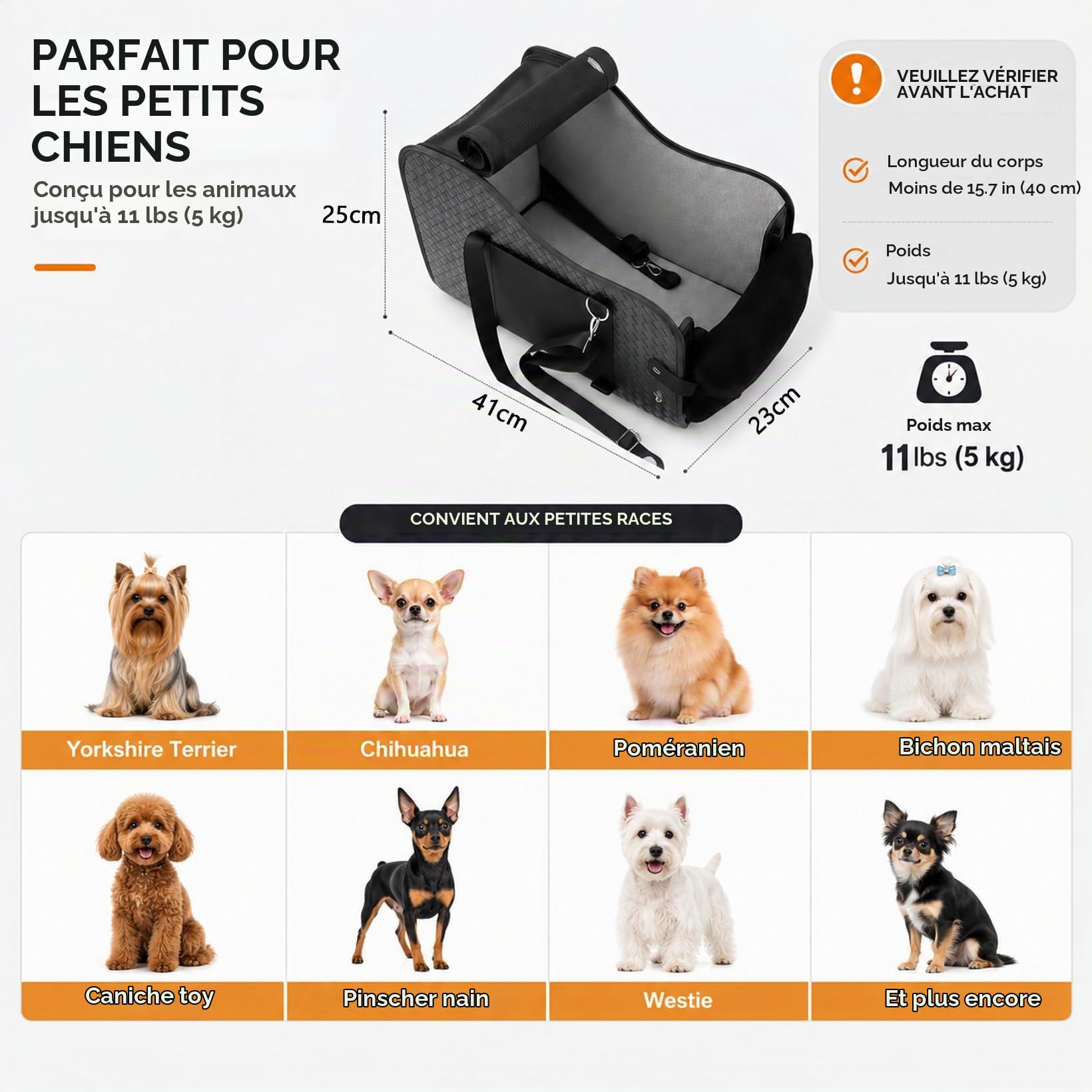 Siège auto pour petits chiens et chats, console centrale pliable, siège pour animal domestique avec double fixation et ceinture de sécurité, poches latérales max 7 kg, convient à 99 % des accoudoirs