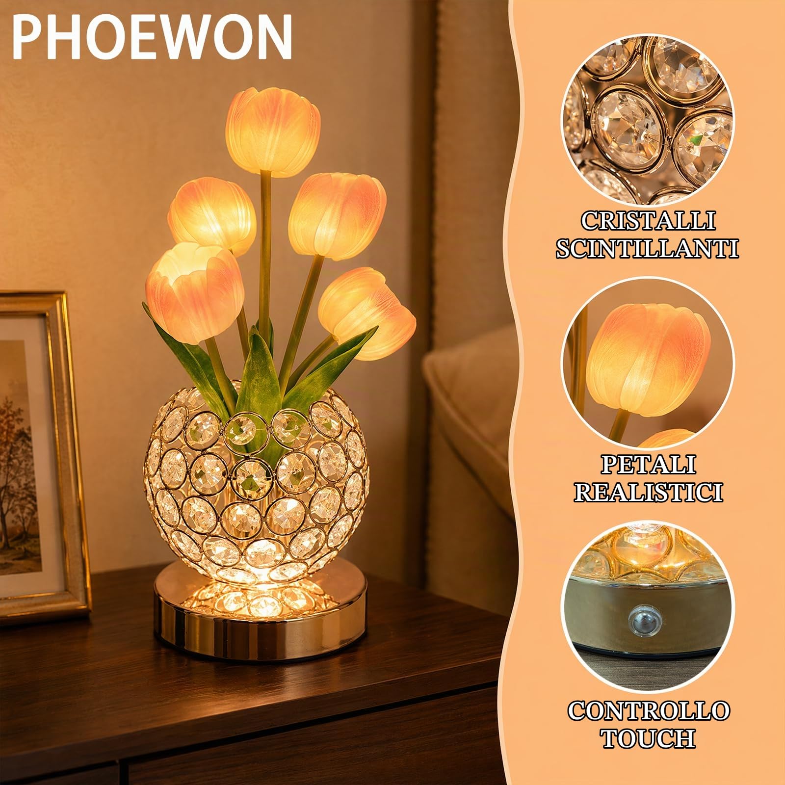 Lampada da Tavolo LED Con Tulipani, Lampada Con Fiori in Cristallo, Luce Notturna USB Ricaricabile, 3 Colori E Sfumature Infinite, Lampada Da Tavolo, Regalo Romantico per Donne