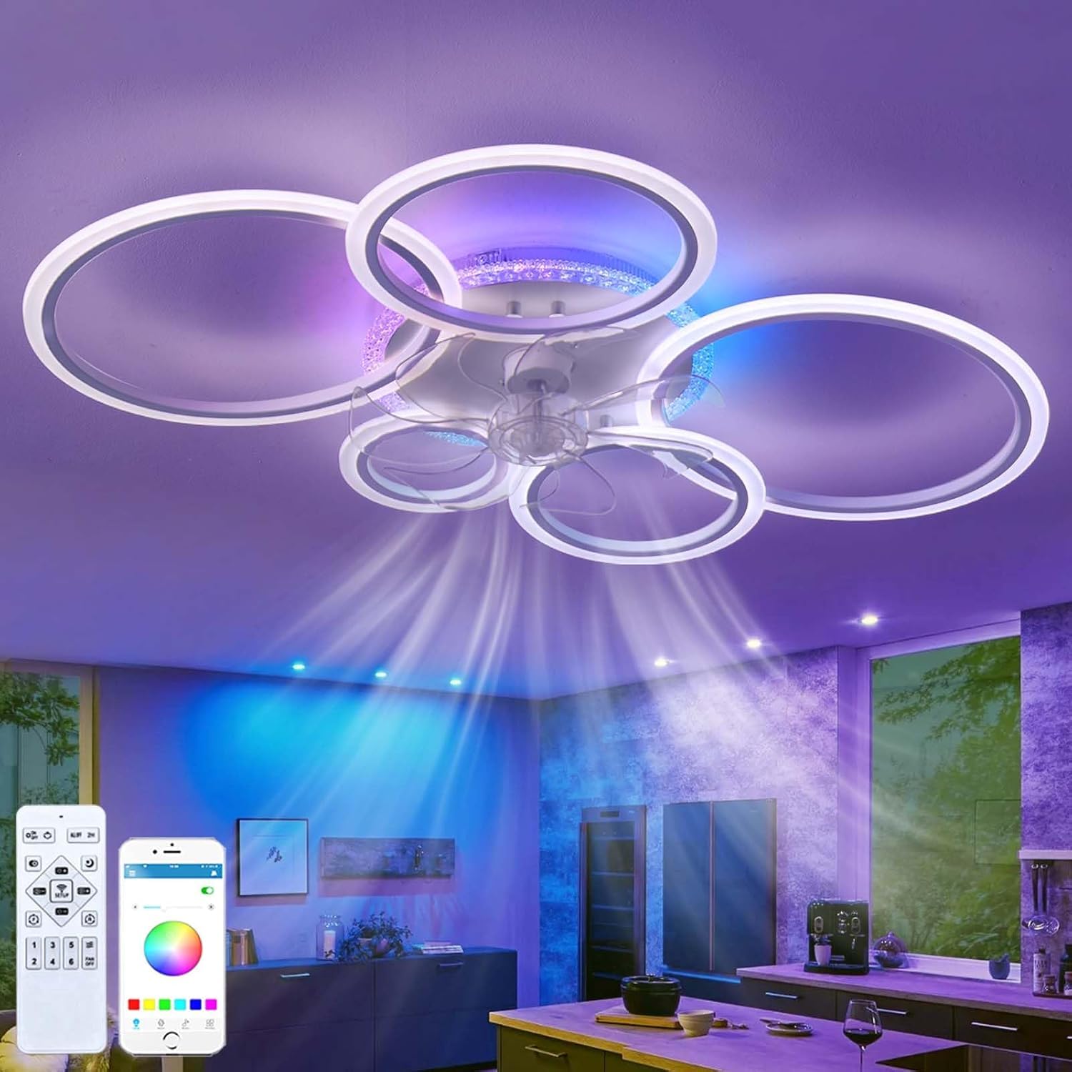 RGB Deckenventilator Mit Beleuchtung LED Dimmbar Schlafzimmer Leise Lampe Mit Ventilator Mit Fernbedienung Reversibel 6-Gang Timing Deckenlampe Mit Ventilator Wohnzimmer Φ 95cm, Weiß