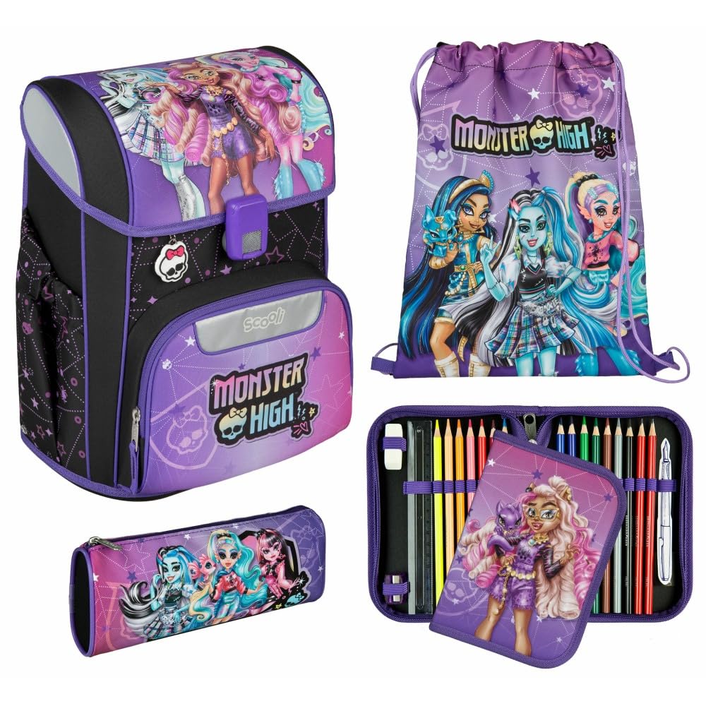 Scooli Schulranzen 1.Klasse Mädchen EasyStart Schulranzen-Set geeignet für Monster High-Fans (9tlg. mit Sporttasche, Brotdose, Trinkflasche, passend Schultüte)