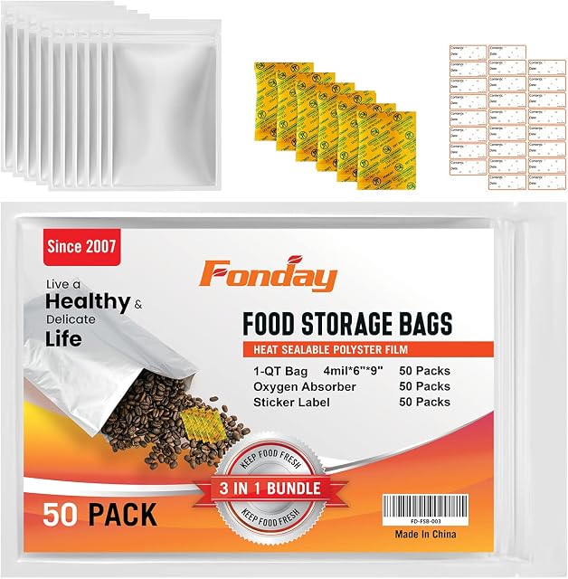 50x Fonday 8Mil Mylar Bags Bundle 1-Quart Volume(6"x9") Bag for Food Storage with 50Pcs 200cc Food Grade Oxygen Absorbers, Stand Up Bags + Label, Heat Sealable, Food Grade & Reliable - Silver