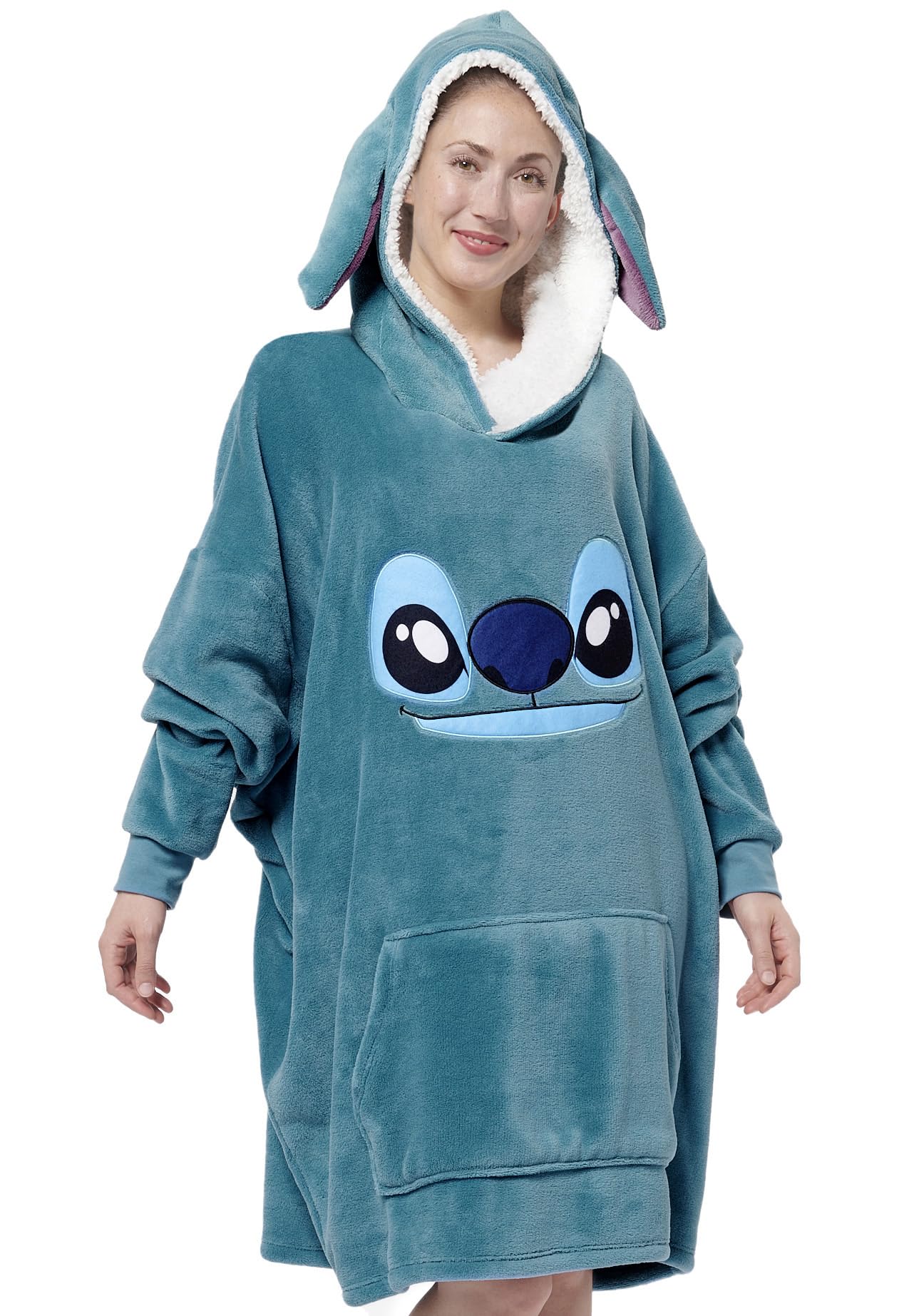 Disney Lilo & Stitch Oversize Sudadera con capucha y orejas para mujer - Ohana Oversized Women's Cosy Sweater Fluffy Blanket Sweater Azul