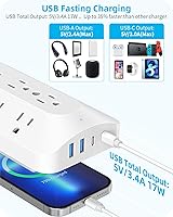 Vista 5 de Extensor de 9 tomacorrientes, toma de pared de enchufe múltiple con 4 puertos de carga USB (2 USB C), regleta protectora de sobretensiones de 3