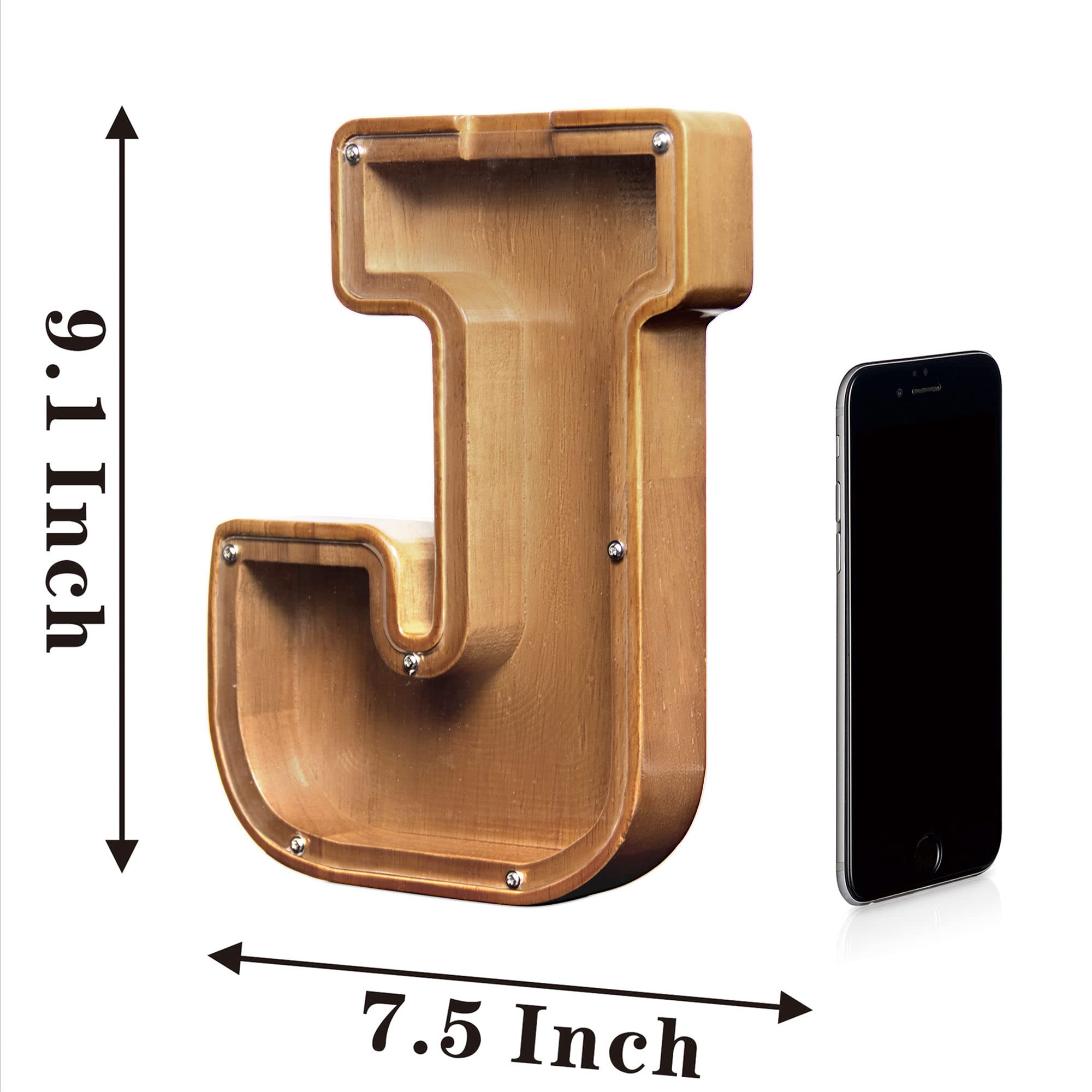 Große Holz-Buchstaben-Münze, personalisiertes Sparschwein für Jungen, Gilrs, Kinder, Kleinkinder, Erwachsene, Spardose, bestes Geschenk für Freunde (23,6 cm-J)