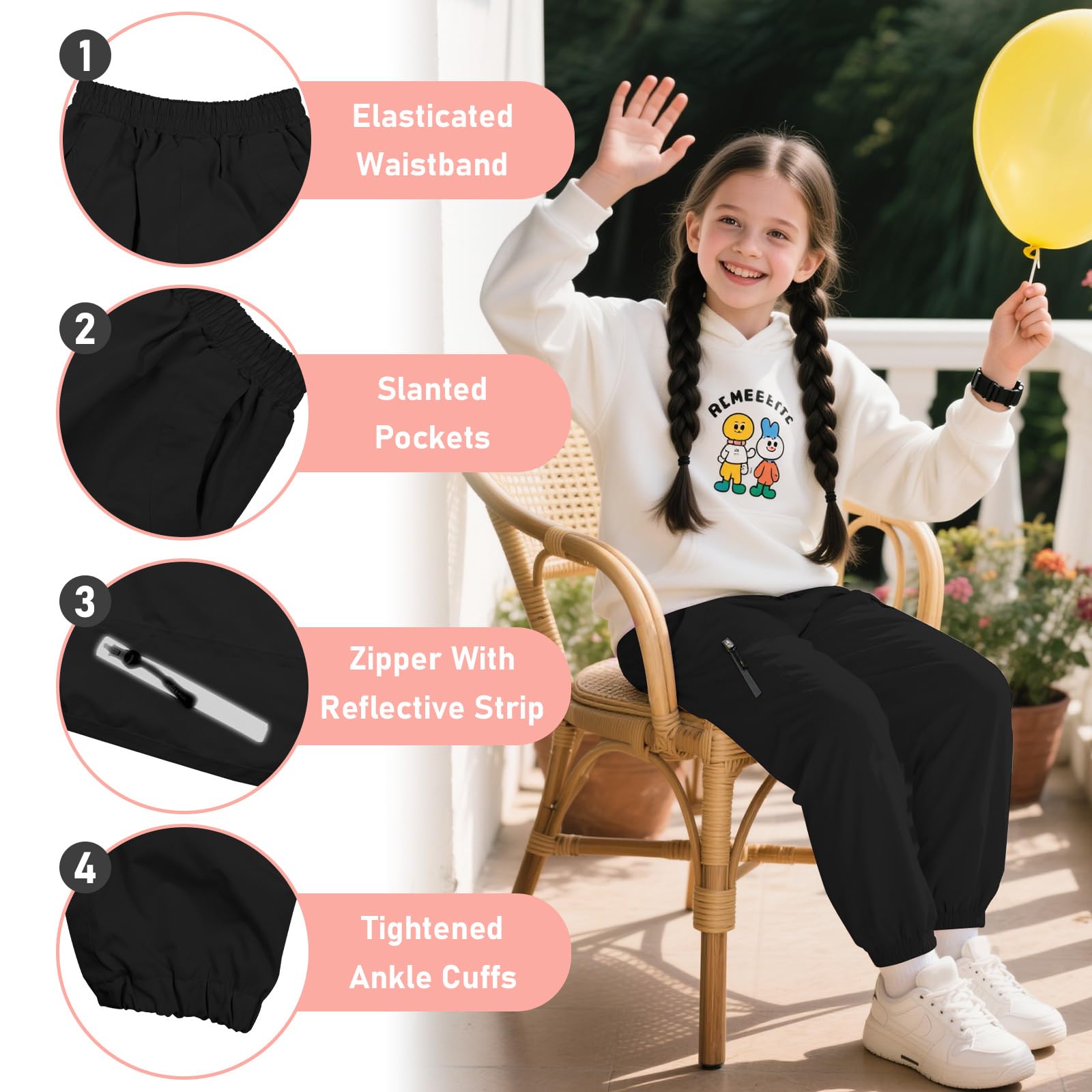 Pantaloni Trekking Impermeabili Bambini, Morbidi Pantalone Pioggia Outdoor con Strisce Riflettenti, Traspiranti Fodera a Rete Pantaloni da Jogging per Ragazzi Ragazze 7-14 Anni