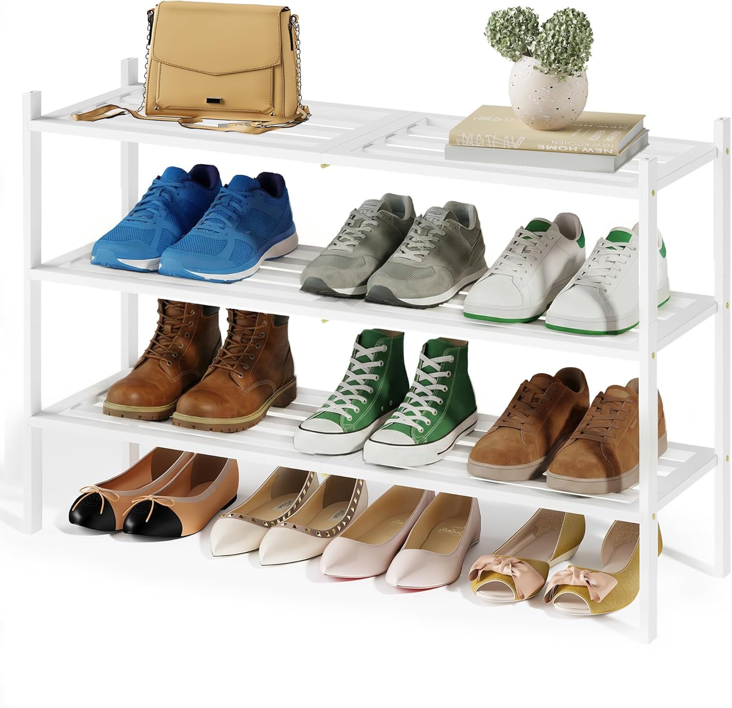 SONGMICS Bamboo Shoe Rack for Closet, Stackable Shoe Oragnizer with Modular Structure, Space-Saving Free Standing Shelf for Entryway Bedroom, 4-Tier, Holds 15-20 Pairs, Natural Color ULBS054YL01
