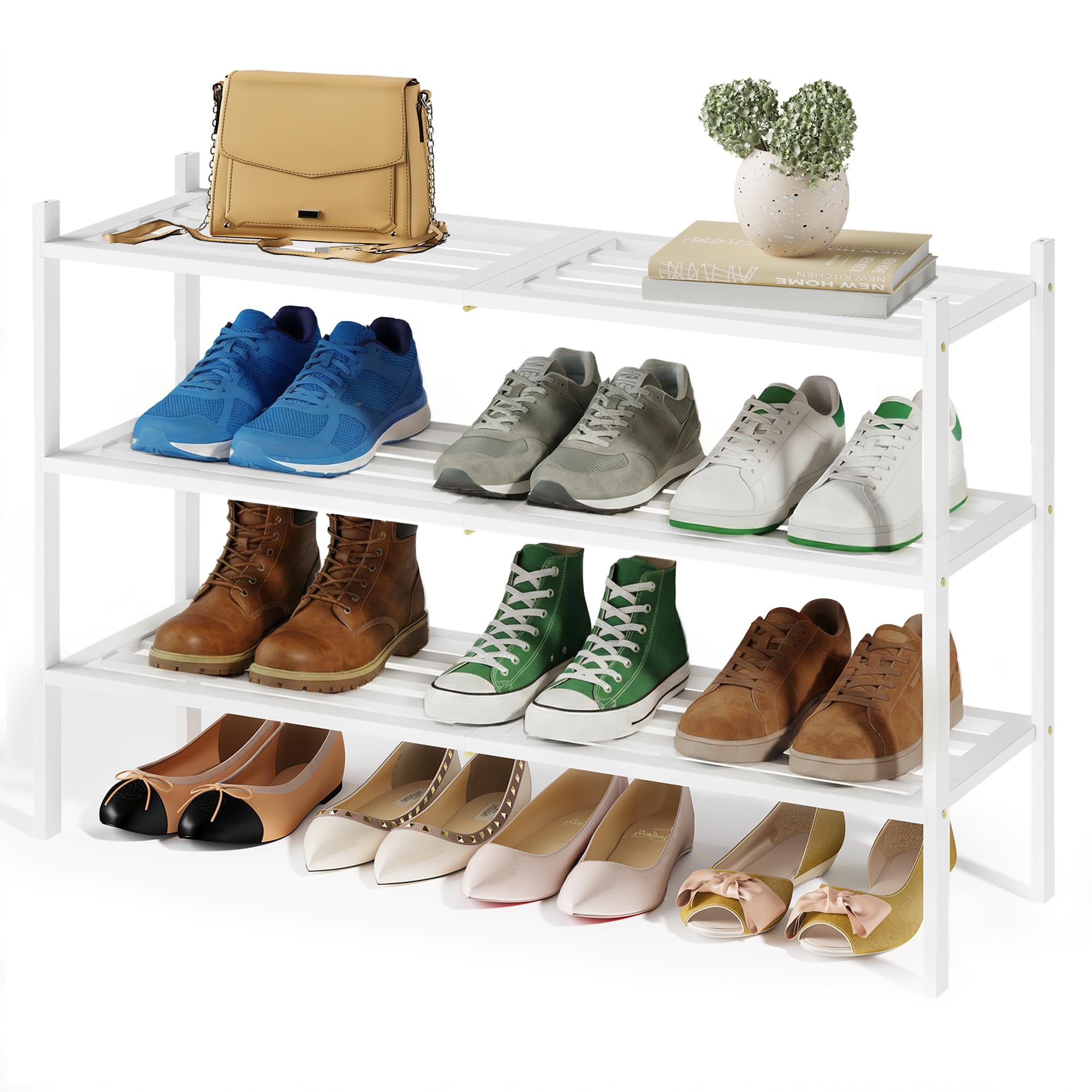 SONGMICS Bamboo Shoe Rack Shoe Rack 3 Tier Stackable Space Saving Shelf for Hallway, Living Room, Bedroom, Garage, Holds 12-16 Pairs of Shoes, 25 x 70 x 51.5 cm, White LBS053WZ01-image-11