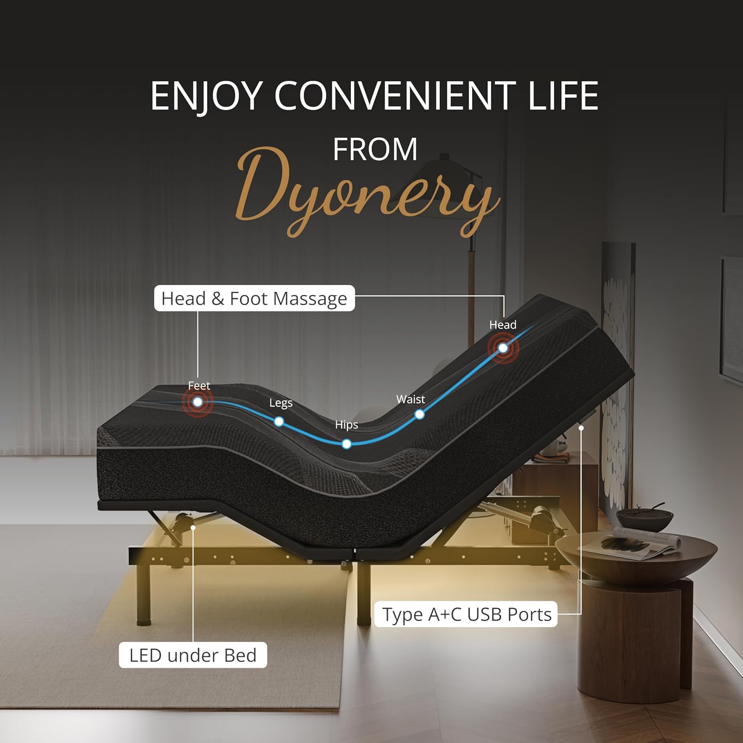 Dyonery Queen Adjustable Bed Base with Wireless Remote + 12 Inch Queen Charcoal Gel Memory Foam Mattress Bed in a Box, Head and Foot Incline & Massage, Zero Gravity, Fiberglass Free, 80" × 60"