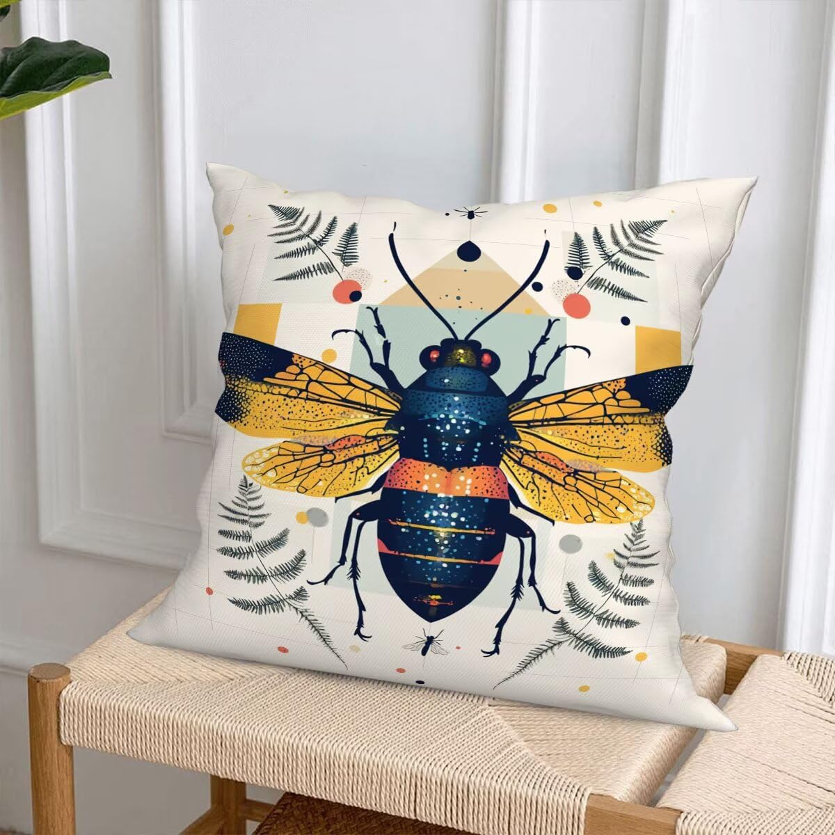 Federe Cuscino Divano 60x60, Beige Cuscini per Divano da Esterno Set da 4, Lino Copricuscini Divanos Impermeabile, Copri Cuscini Calabrone Motivo Fronte Retro Stampato per Giardino, Sofá, Balcón, F-21