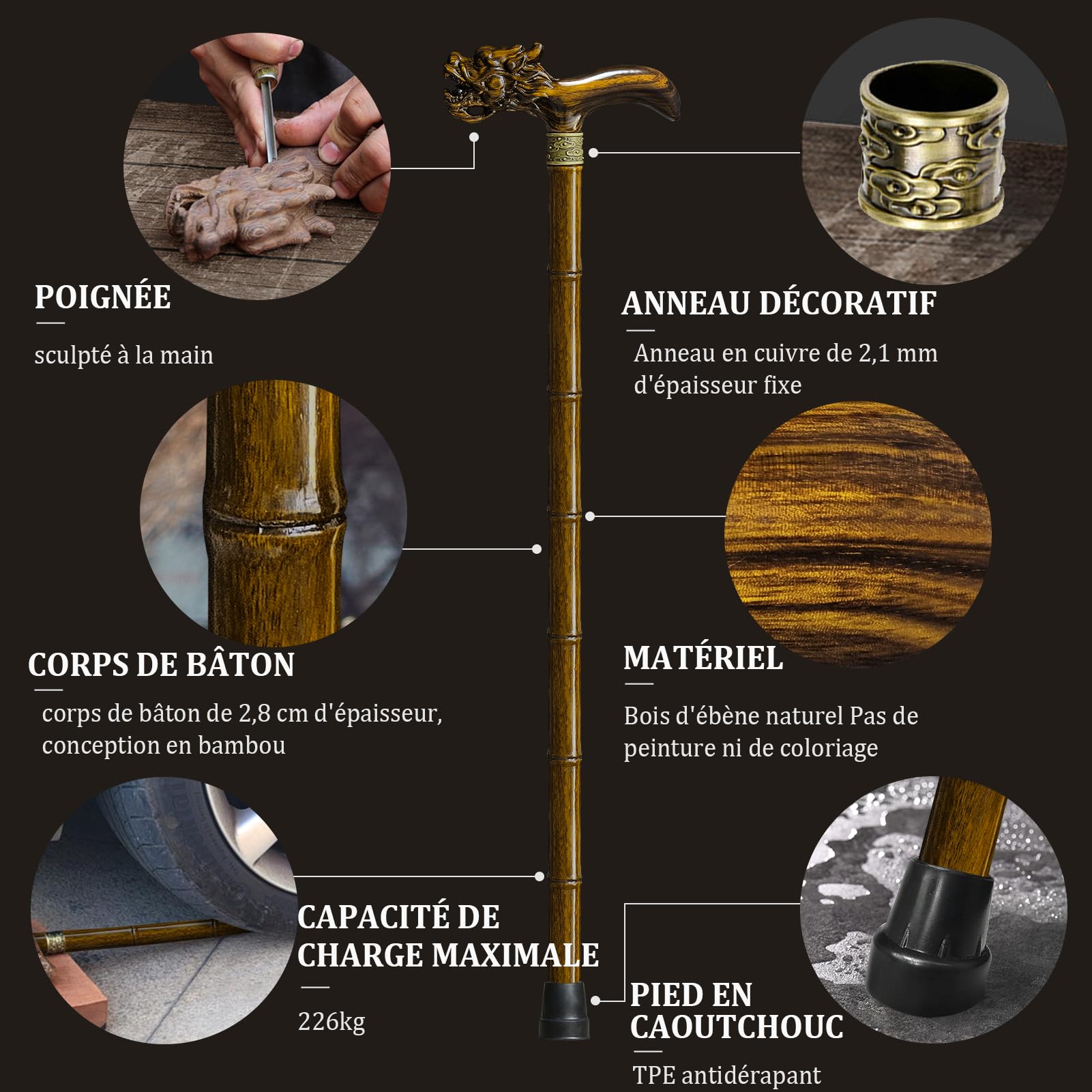 Canne de marche en bois sculptée à la main de qualité supérieure pour homme et femme - Design léger - Peut supporter jusqu'à 226 kg - Bâtons pour personnes âgées - Convient pour offrir