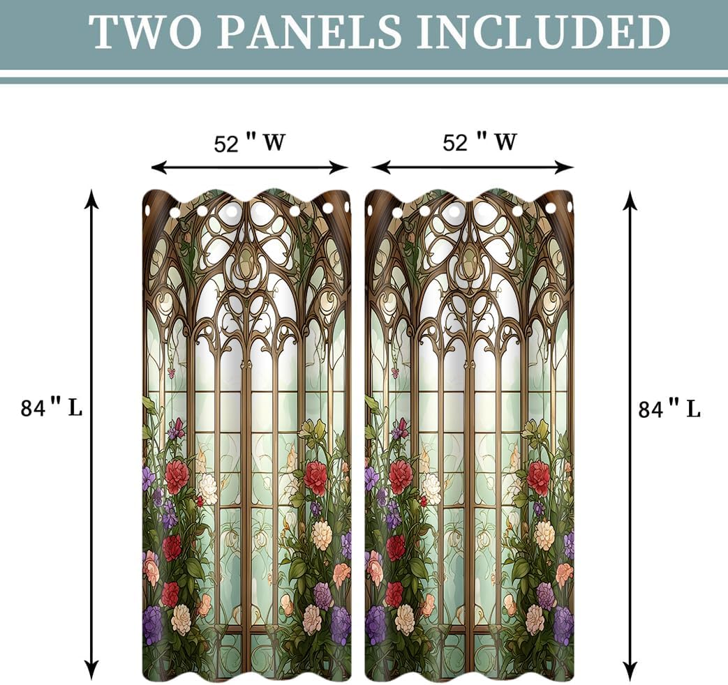 Floral Retro Blackout Curtains 84 inches Long 2 Panels Stained Glass Vintage Colorful Floral Flower Print Curtain Garden Nature Botanical Green Plant Window Drape for Living Room Bedroom 52x84in