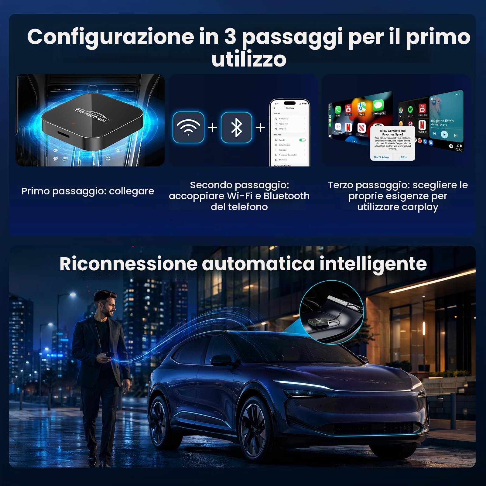 3-in-1 Magic Video Box – Wireless CarPlay & Android Auto Adapter con Netflix, YouTube, TikTok, supporto scheda TF, aggiornamento wireless, CarPlay AI Box a bassa latenza per veicoli dal 2016