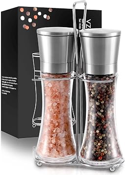 Vzaahu Set of 2 Stainless Steel Salt and Pepper Grinders with Holder Adjustable Coarseness Ceramic Grinder Refillable Mill Set for Home, BBQ, Kitchen, Housewarming Gift