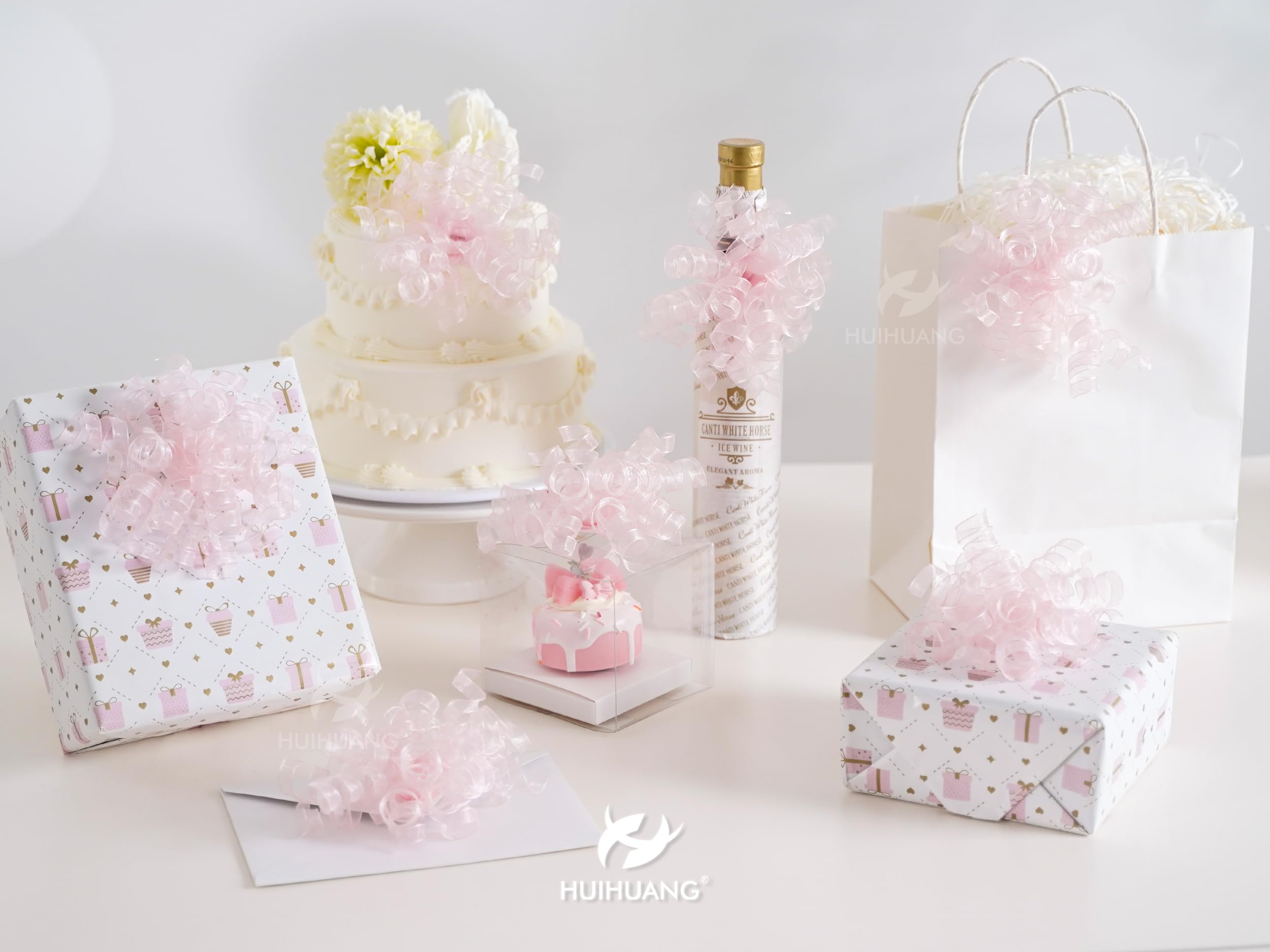 HUIHUANG Rosa Schleifen zum Verpacken von Geschenken, rosa gelockte Geschenkschleifen, 12,7 cm x 8 Stück, selbstklebende gelockte Schleife für Geschenke, Papiertüten, Babyparty-Geschenke